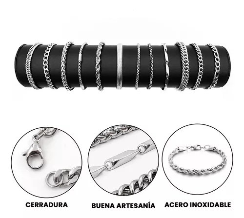 12pzs Pulseras Acero Inoxidable Cubano Eslab&oacute;n Plata Hombre image number null