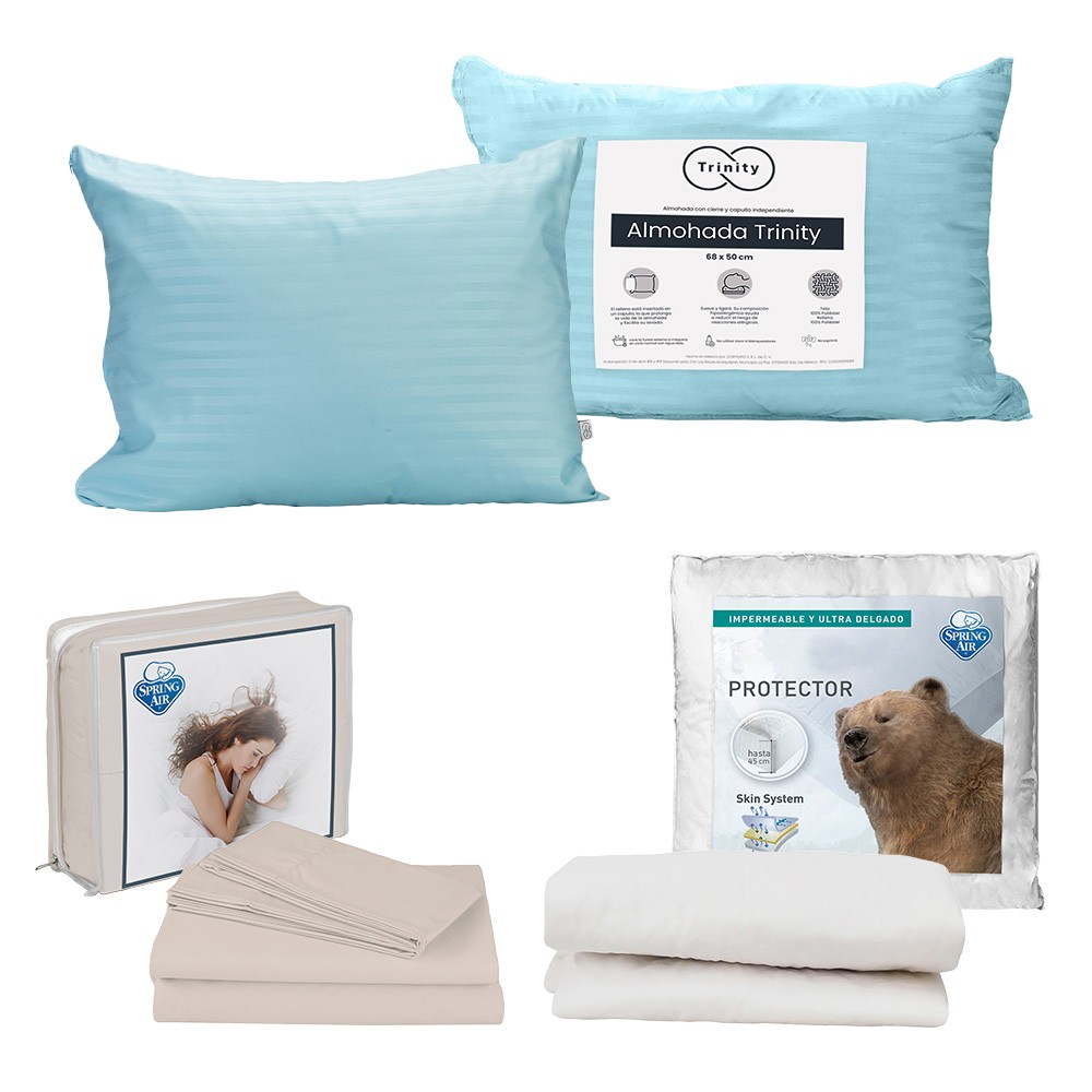 Protector de Colch&oacute;n UltraSoft Spring Air Individual + S&aacute;banas Basic Crema + Almohada Trinity image number null