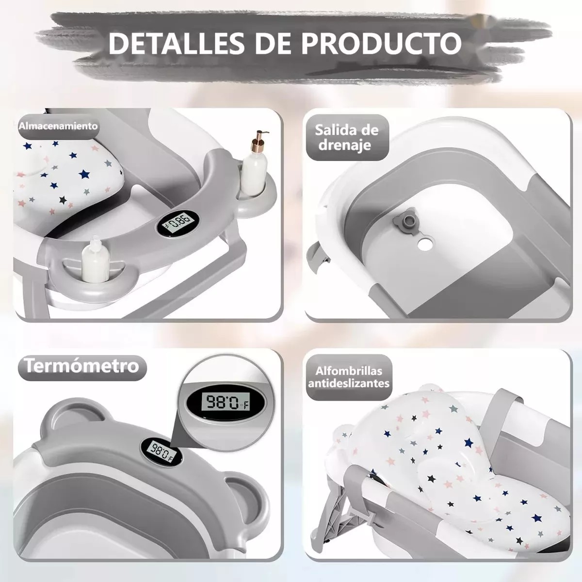 Ba&ntilde;era Tina Ba&ntilde;o Bebe Plegable Port&aacute;til Con Coj&iacute;n Termometro Gris image number null
