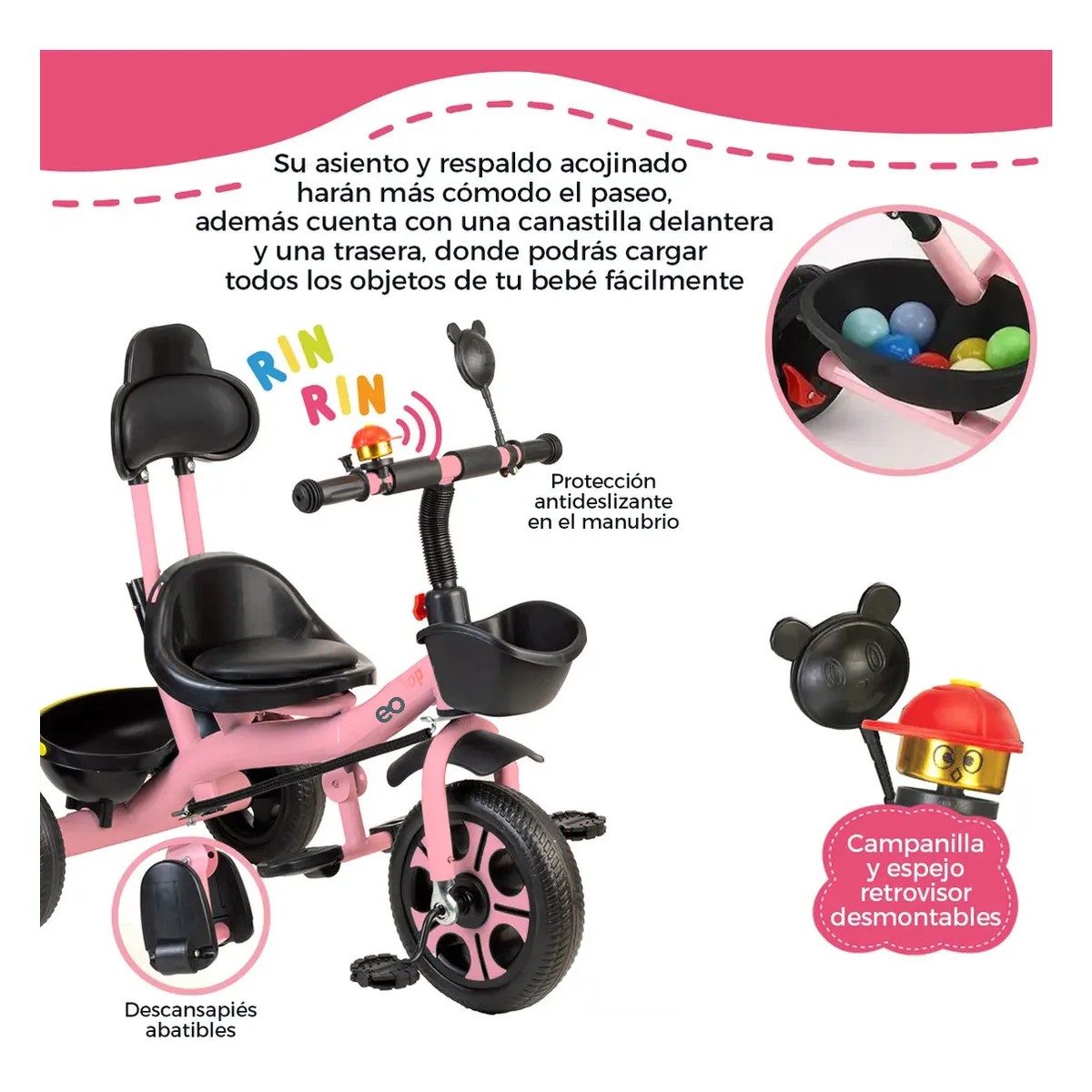 Triciclo Bicicleta Infantil Carriola Bebe Paseo Con Cajuela Color Rosa image number null
