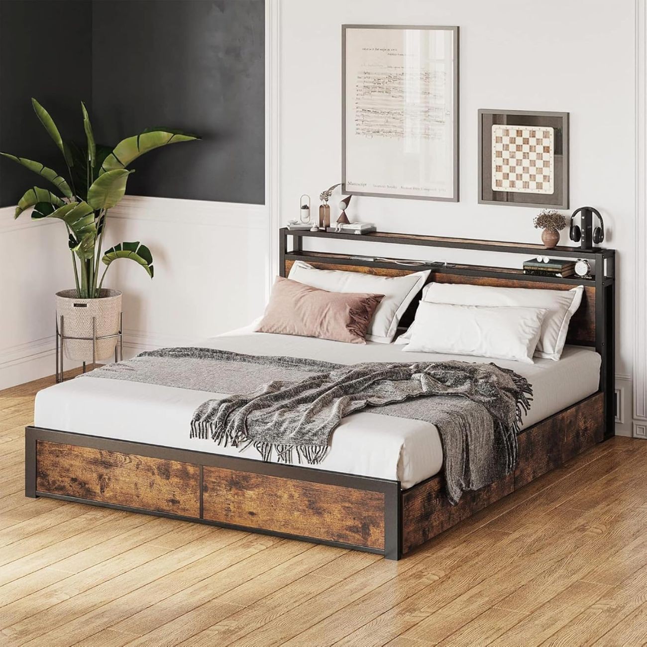 Base de Cama Queen Size con Iluminaci&oacute;n Ajustable y Cajones de Almacenamiento Caf&eacute; Bluelander image number null