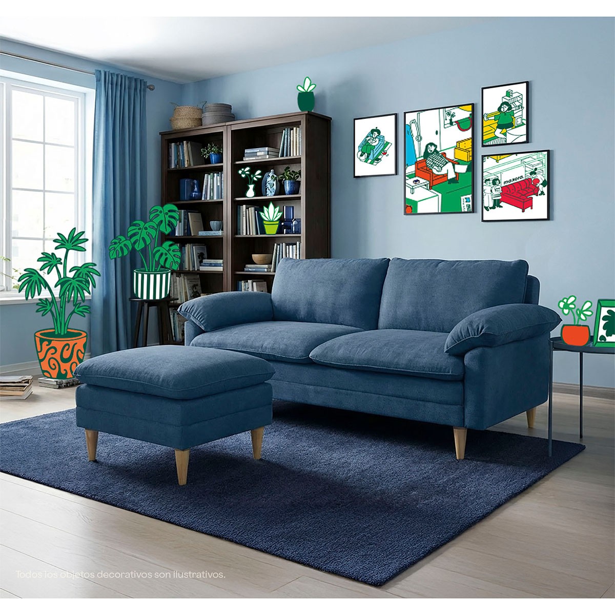 Sof&aacute; Cama Reclinable 3 Posiciones Makora Remmy Azul con Memory Foam y Taburete image number null