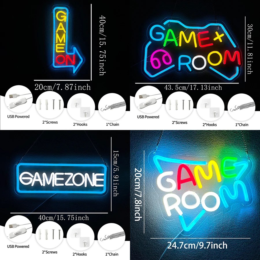 Letrero LED Ne&oacute;n Game On / Game Room Gamer USB Decoraci&oacute;n Cuarto Gaming, Pared Sala Juegos Dormitorio Regalo Gamer image number null