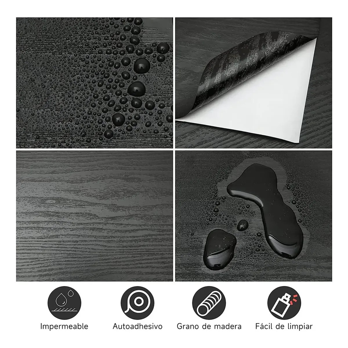 Papel Tapiz Pared Vinil Cocina Auto Adhesivo Madera,45cmx20m Negro image number null
