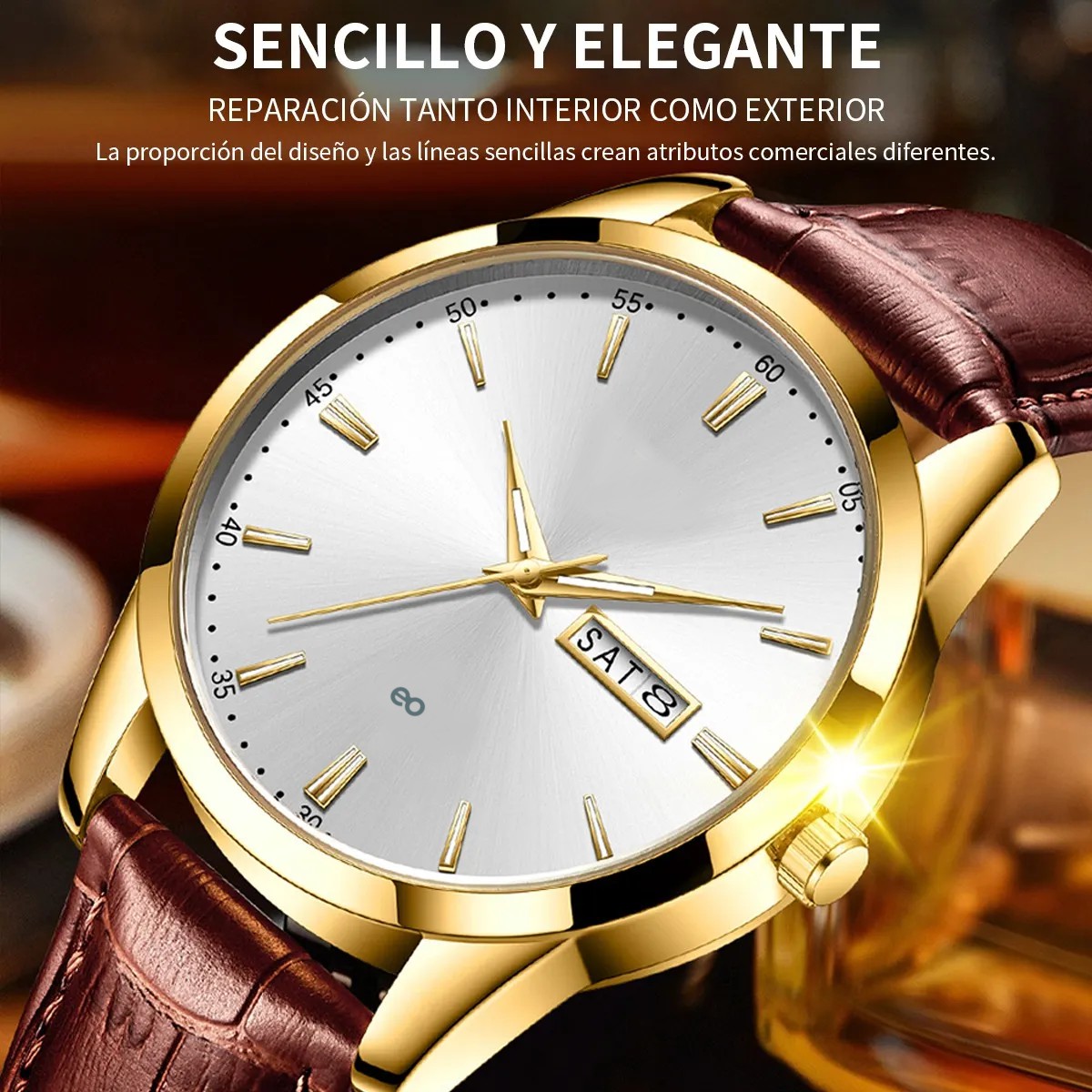 Reloj De Cuarzo Hombre Correa Marr&oacute;n Bisel Dorado Fondo Blanco image number null
