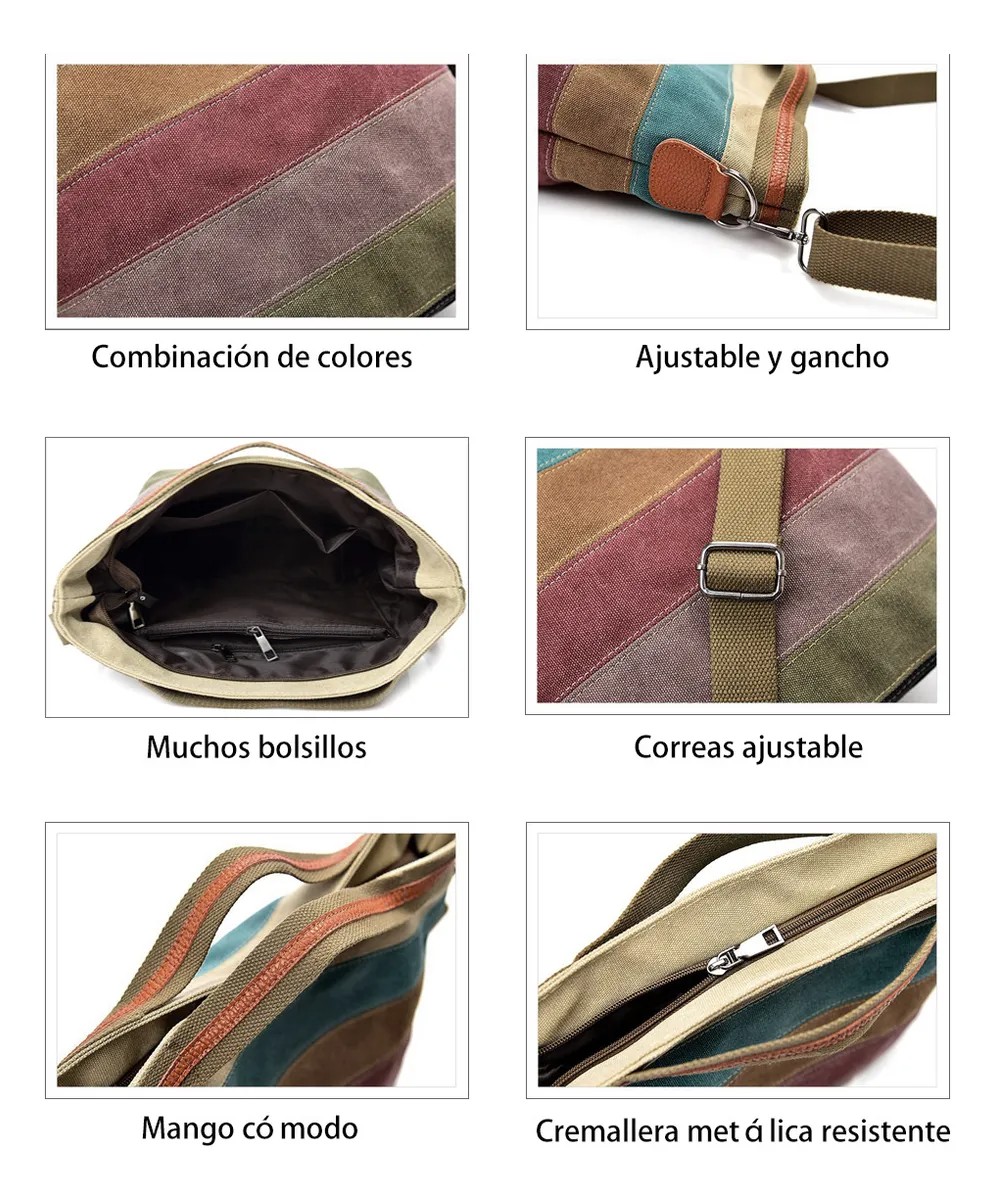 Gran Capacidad Bolso De Hombro Mujer Rainbow Canvas Marr&oacute;n image number null