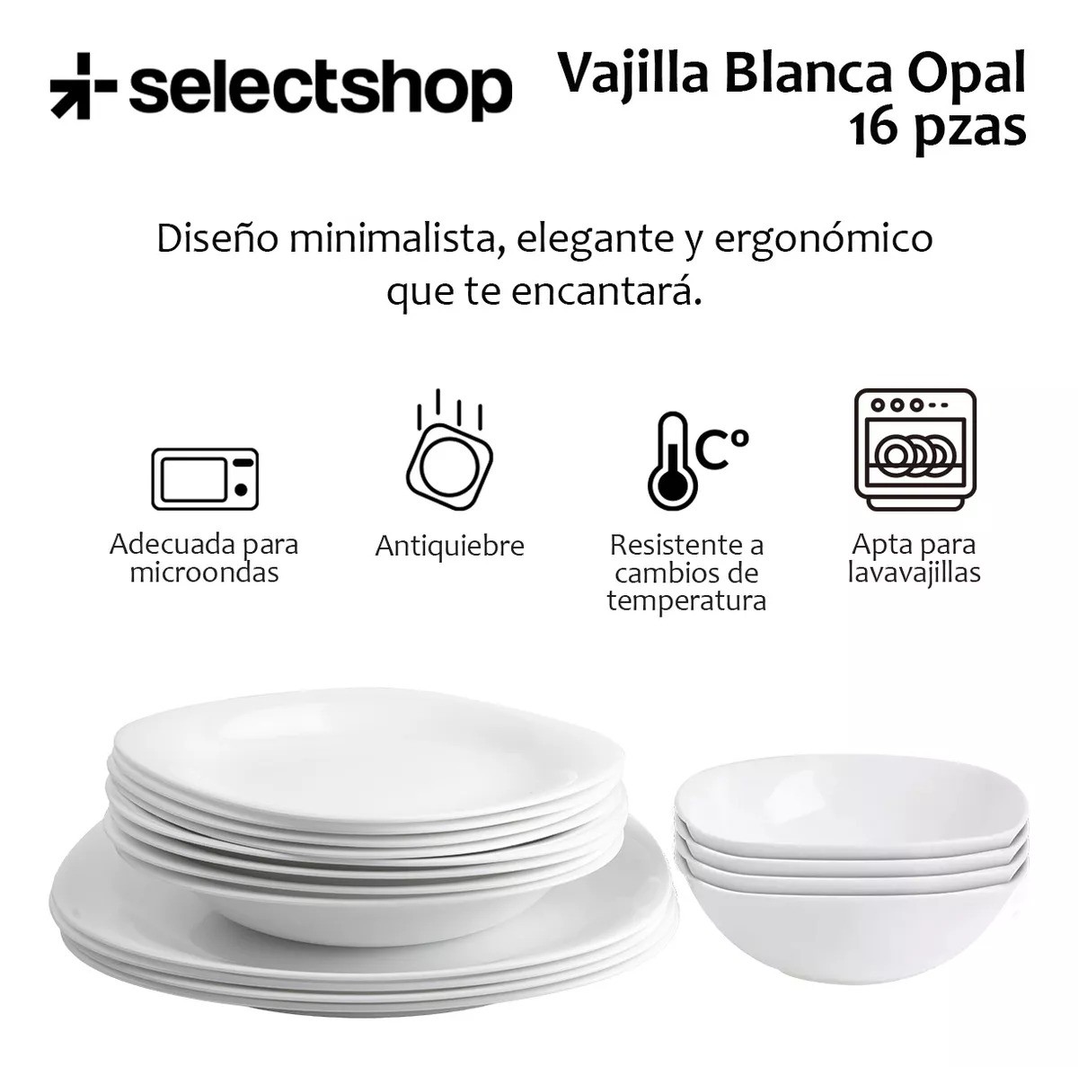 Vajilla Moderna Cuadrada De Opal Resistente 4 Personas 16pzs image number null
