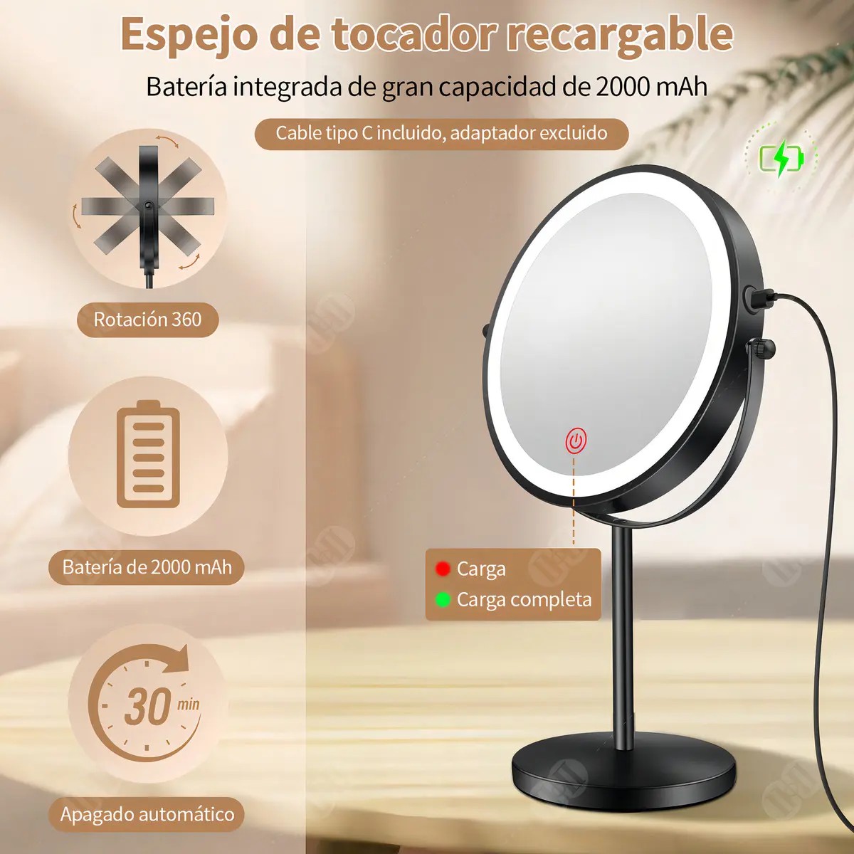 Espejo Maquillaje con Luz LED, Aumento 10X image number null