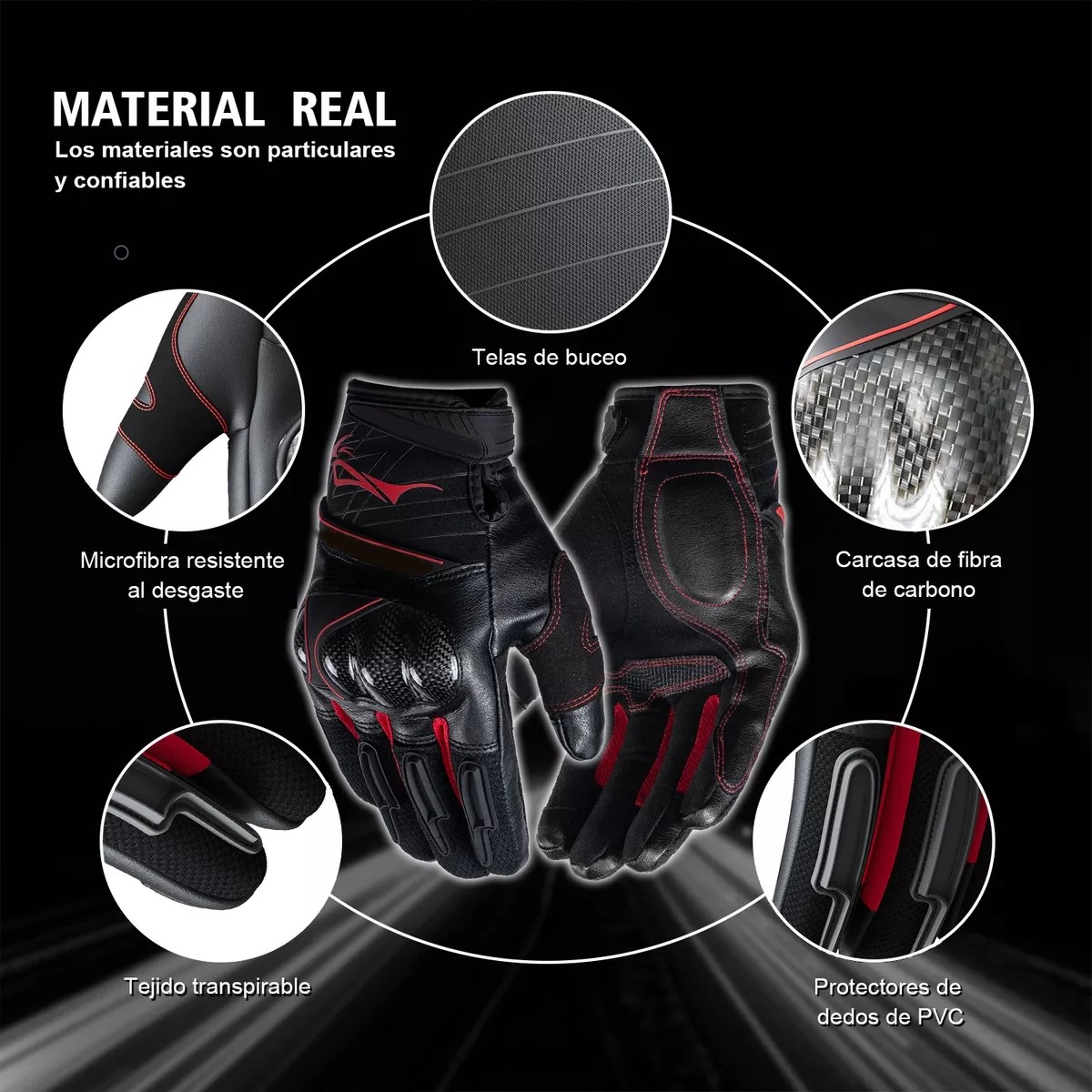 Guantes Para Motocicleta Microfibra Cuero Y Fibra De Carbono Rojo Talla XL. image number null