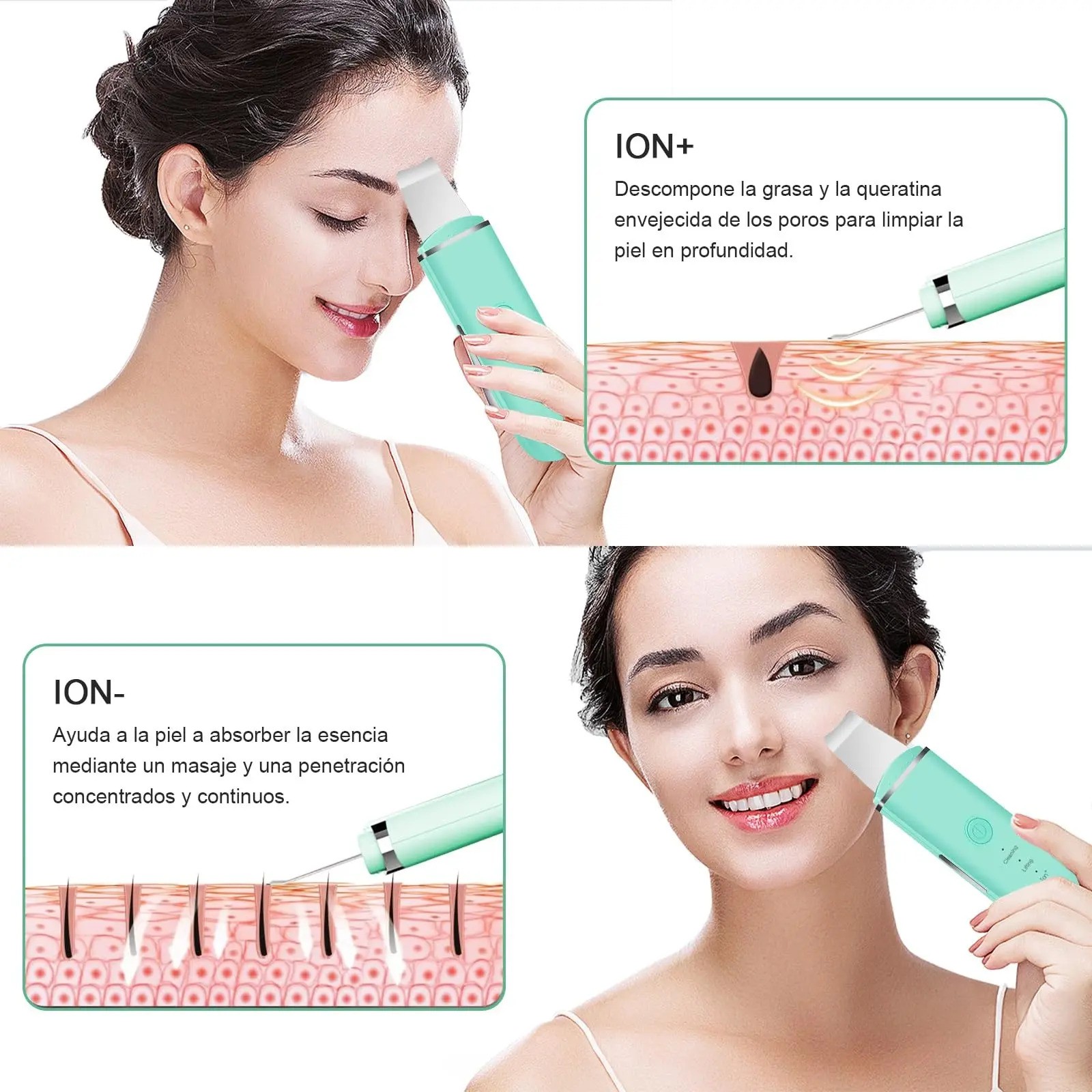 Limpiador Facial Peeling Ultras&oacute;nico Portatil Skin Scrubber VERDE CLARO image number null