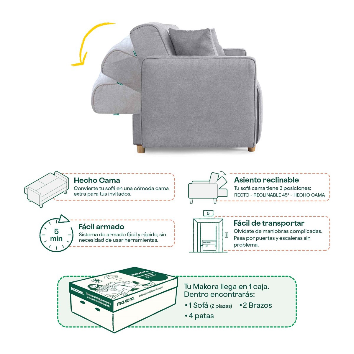 Sof&aacute; Cama Makora Azulik con Memory Foam, Color Grey Velvet, Respaldo Reclinable de 3 Posiciones image number null