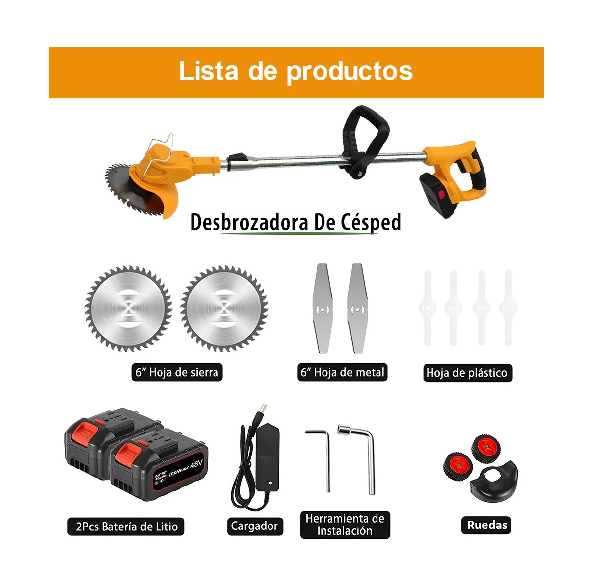 Desbrozadora El&eacute;ctrico Inal&aacute;mbrico 2000w Con 2 Bater&iacute;as 48v Amarillo image number null