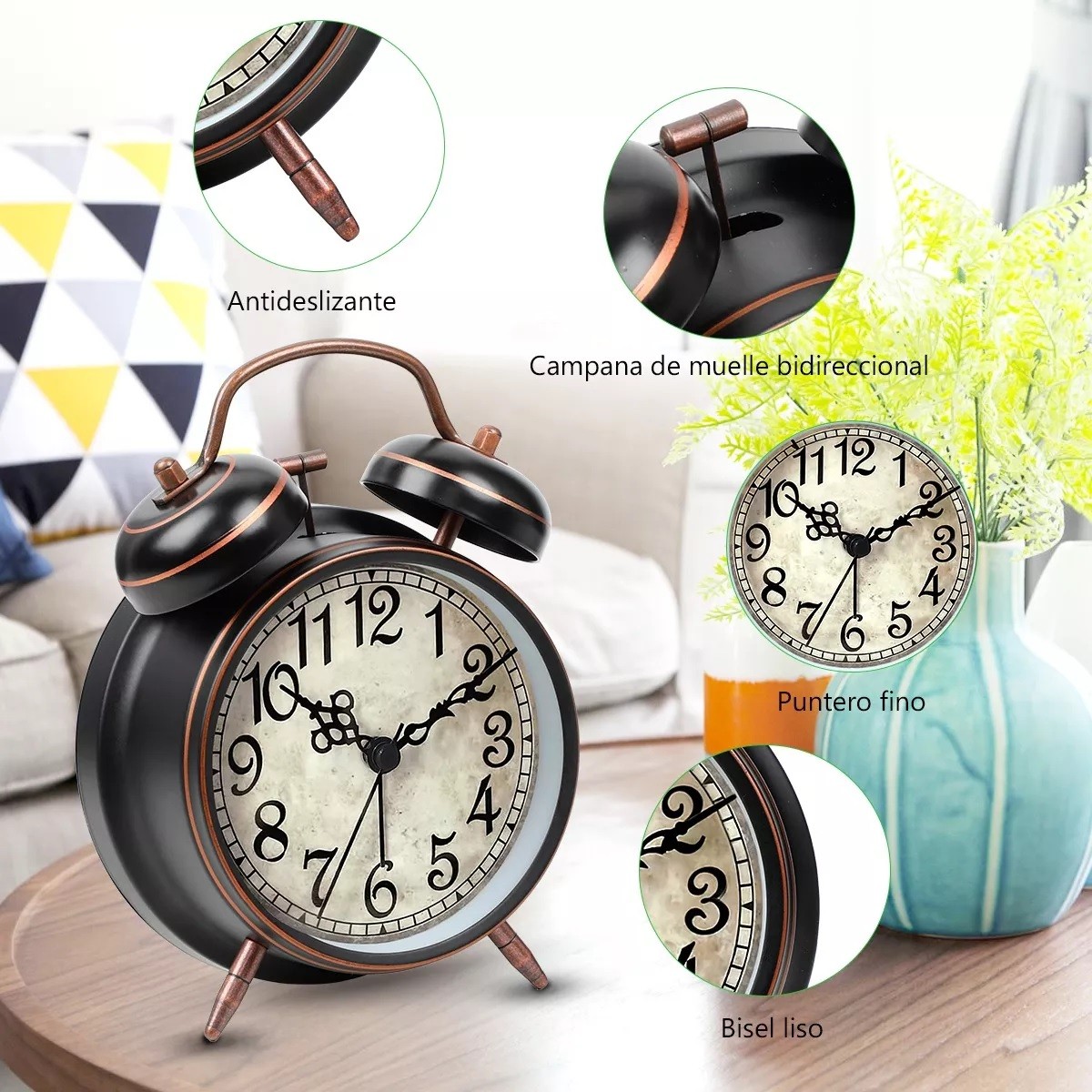 Reloj Despertador Campana Retro Anal&oacute;gico Estilo Vintage Negro image number null