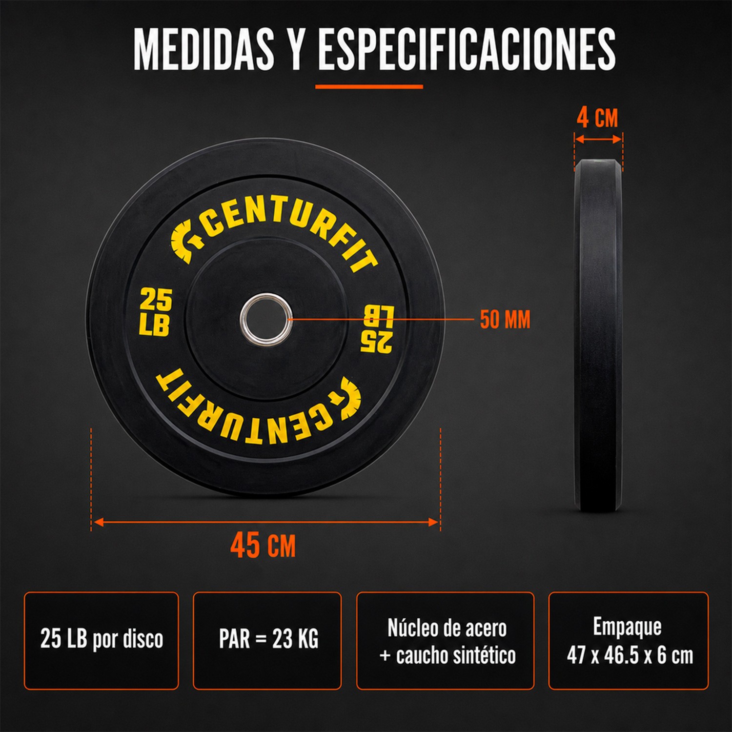 Par Disco Bumper Olimpico 25 Lb Centro Acero Caucho Crossfit Negro Centurfit image number null
