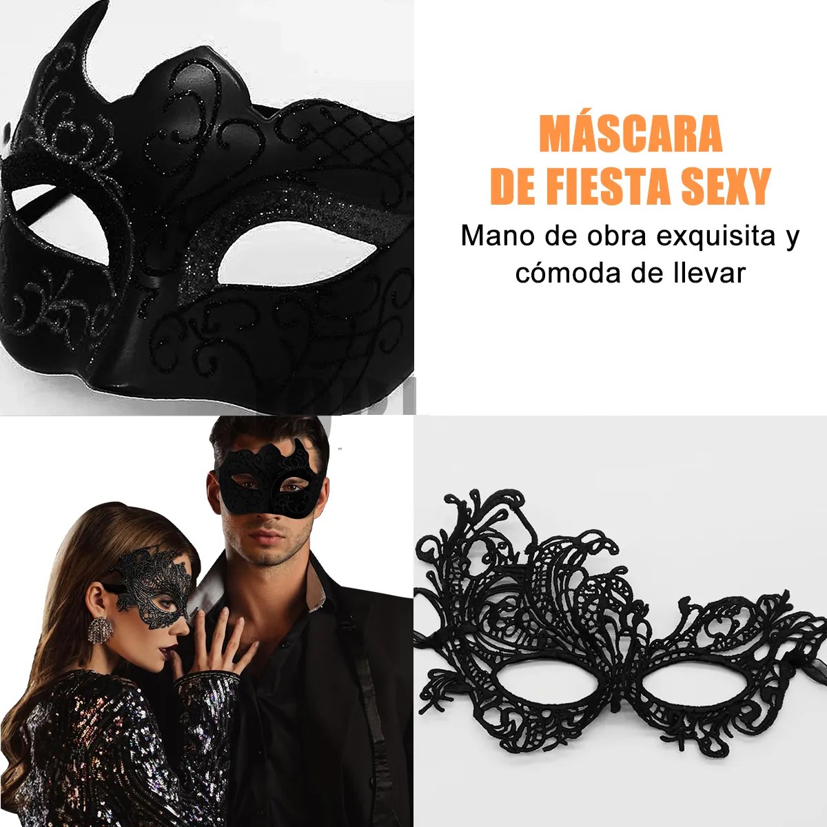 2 Antifaz Fiesta Mascaras Halloween Pareja Carnaval Negro image number null
