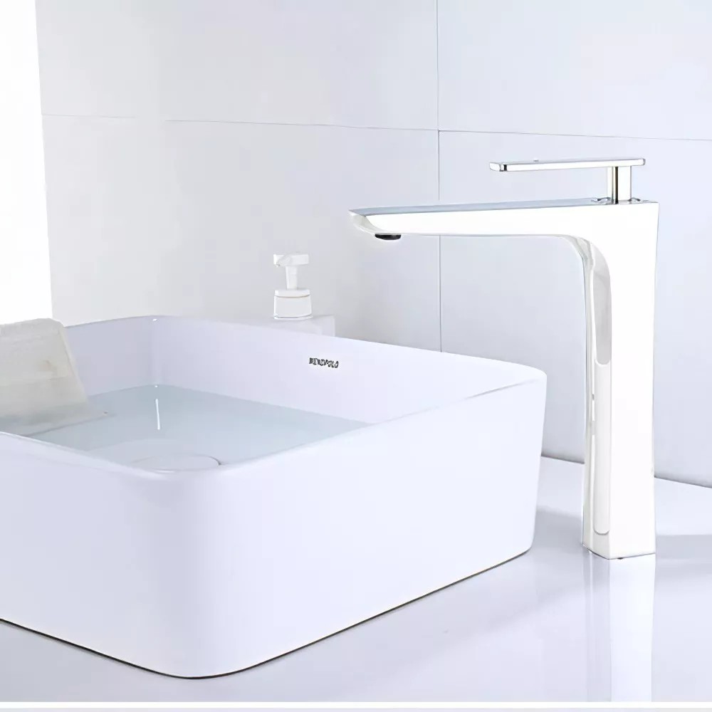 Grifo mezclador para lavabo agua fr&iacute;a/caliente grande color cromo con blanco AT4206HCw image number null