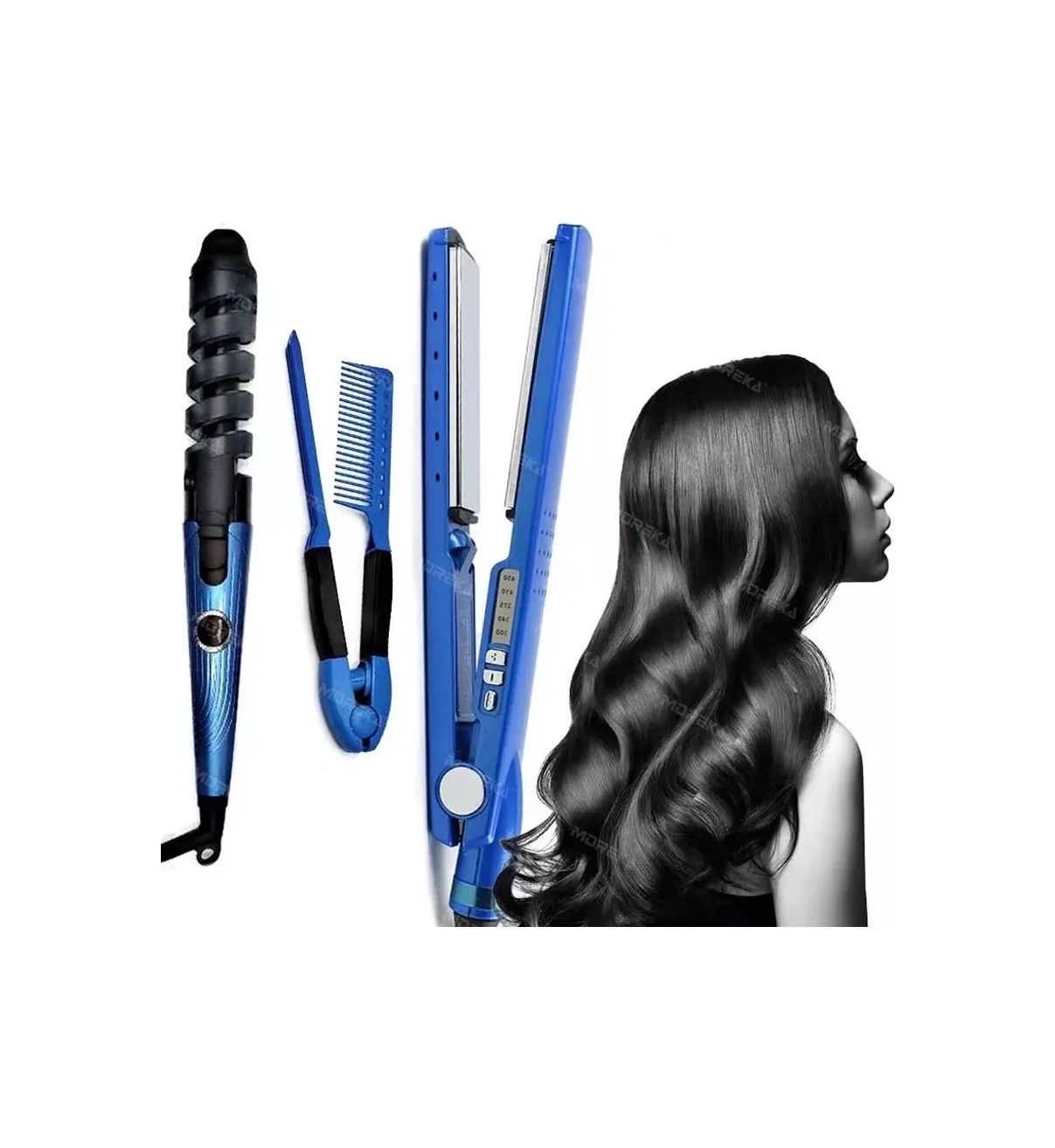 Kit De Plancha Alaciadora 450&deg; +tenaza Rizadora Cabello Pelo Azul Malubero image number null