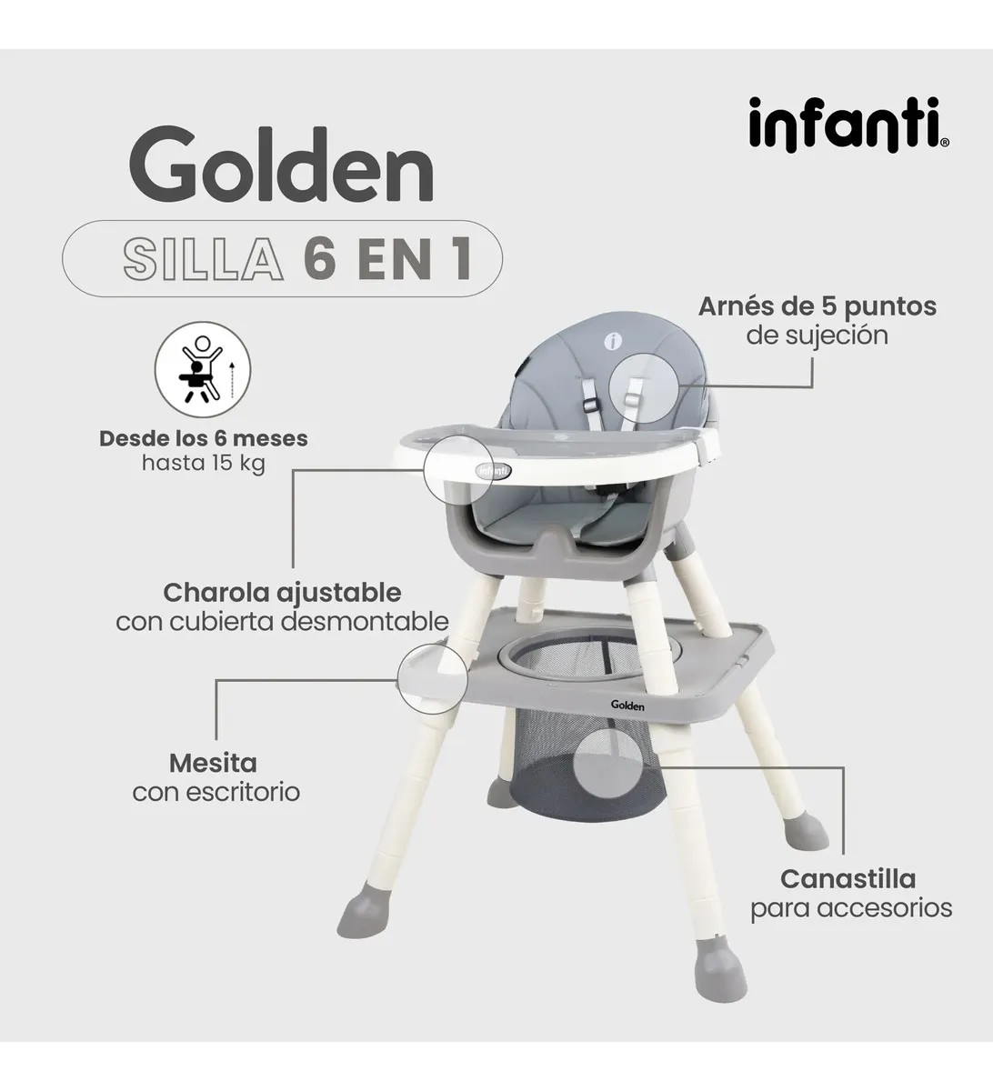 Silla Alta Golden 6 En 1 De 6 a 36 Meses Color Gris image number null