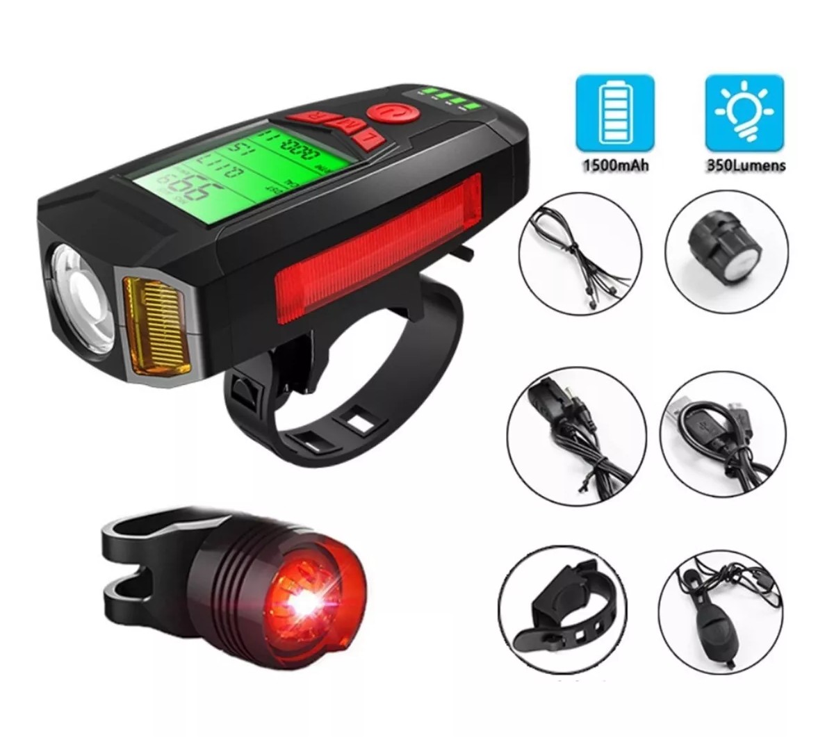 Luz para Bicicleta Recargable con USB, Bocina, Luz Trasera, Cron&oacute;gra image number null