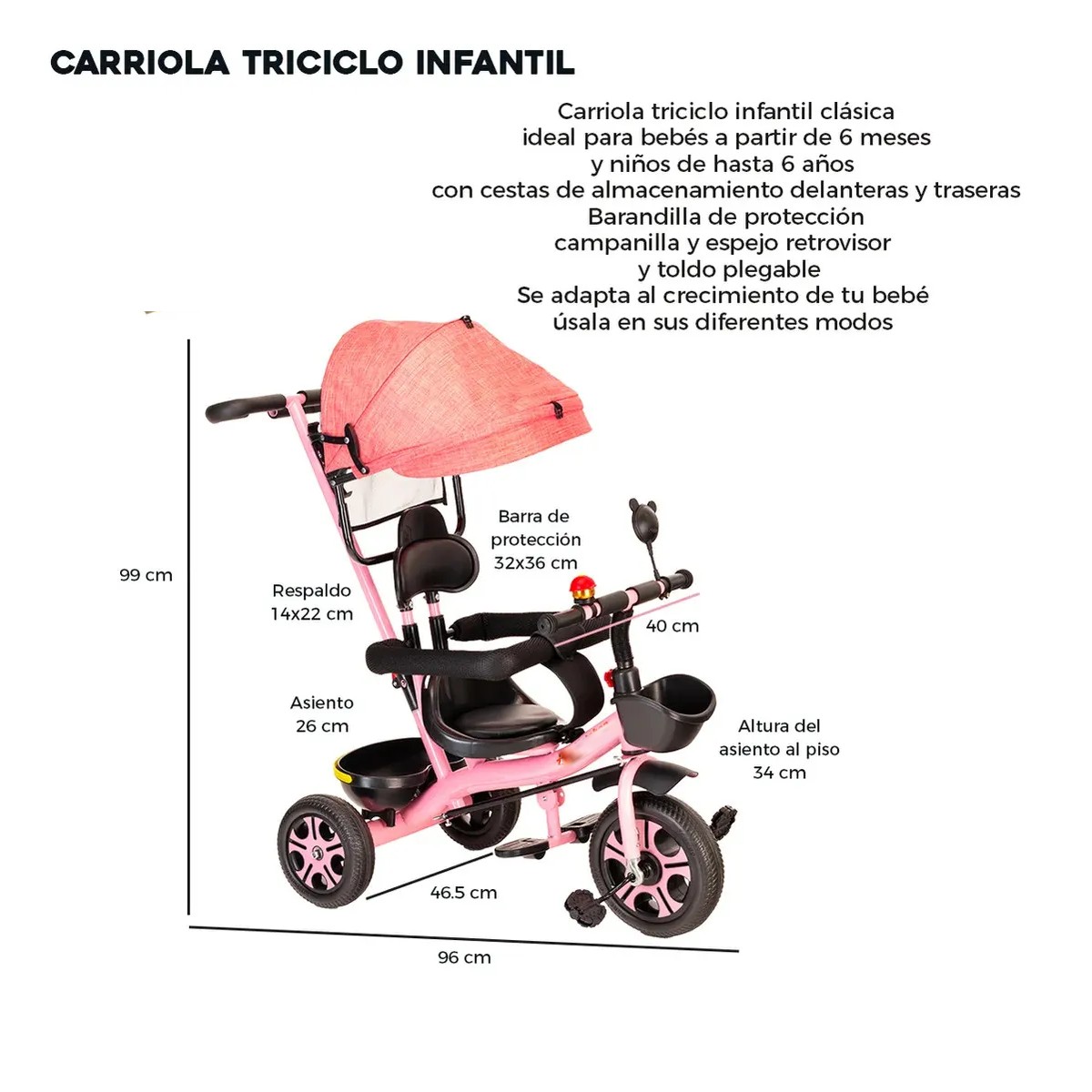 Triciclo Bicicleta Infantil Carriola Bebe Paseo Con Cajuela Color Rosa image number null