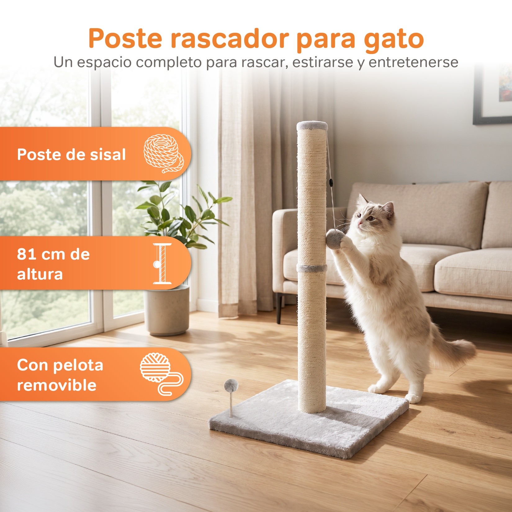 Poste Rascador para Gato Poli Pets Tonkin&eacute;s con Sisal Natural de 81 cm de Altura y Pelota Amovible image number null