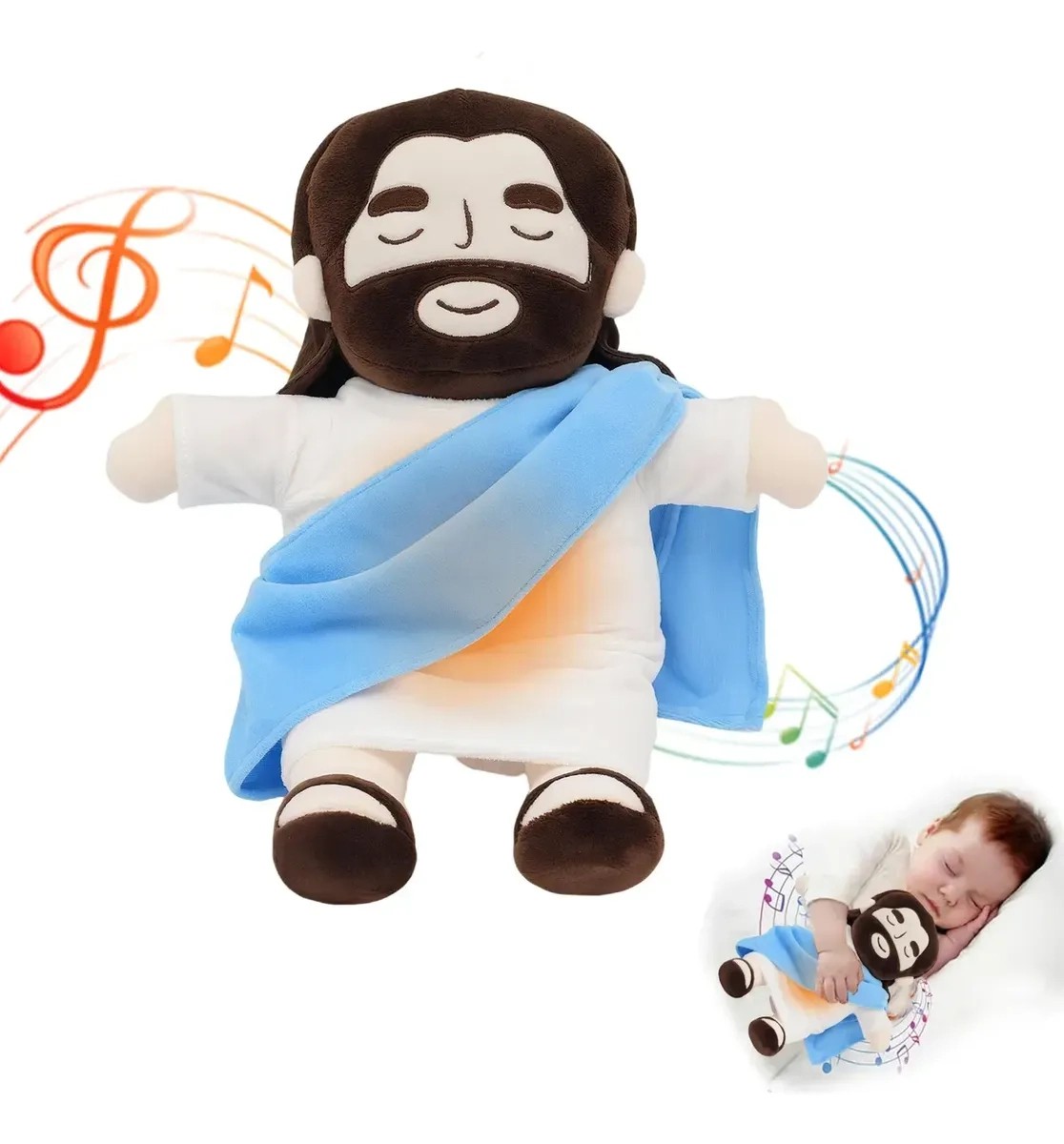Peluche Jesus Jesucristo Animado Que Respira Luz Y Sonido Azul image number null