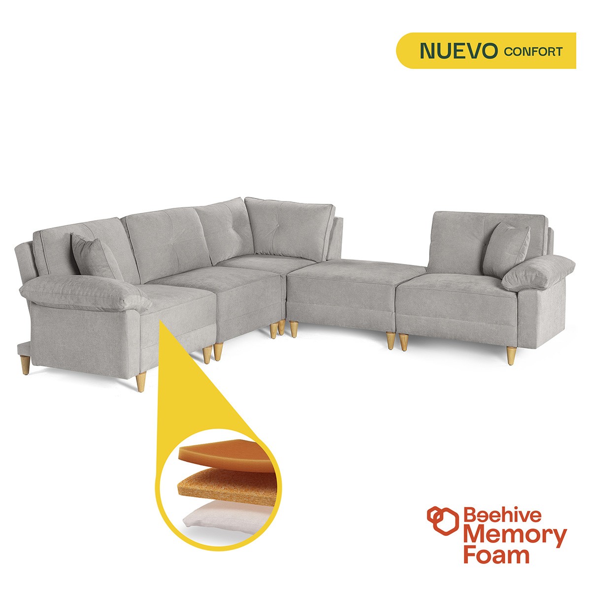 Sala de 5 mod&uacute;los Makora Maristella con Memory Foam, Color Gris Claro Chenille, Respaldo Reclinable de 3 Posiciones image number null