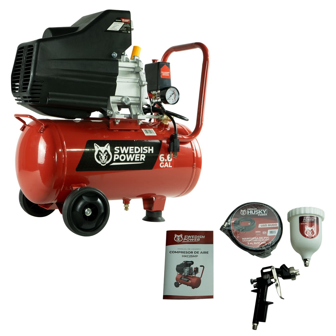 COMPRESOR DE AIRE ELECTRICO SWEDISH HUSKY POWER 25 LITROS 2.5 HP C/MANGUERA Y PISTOLA - HKC25MP image number null