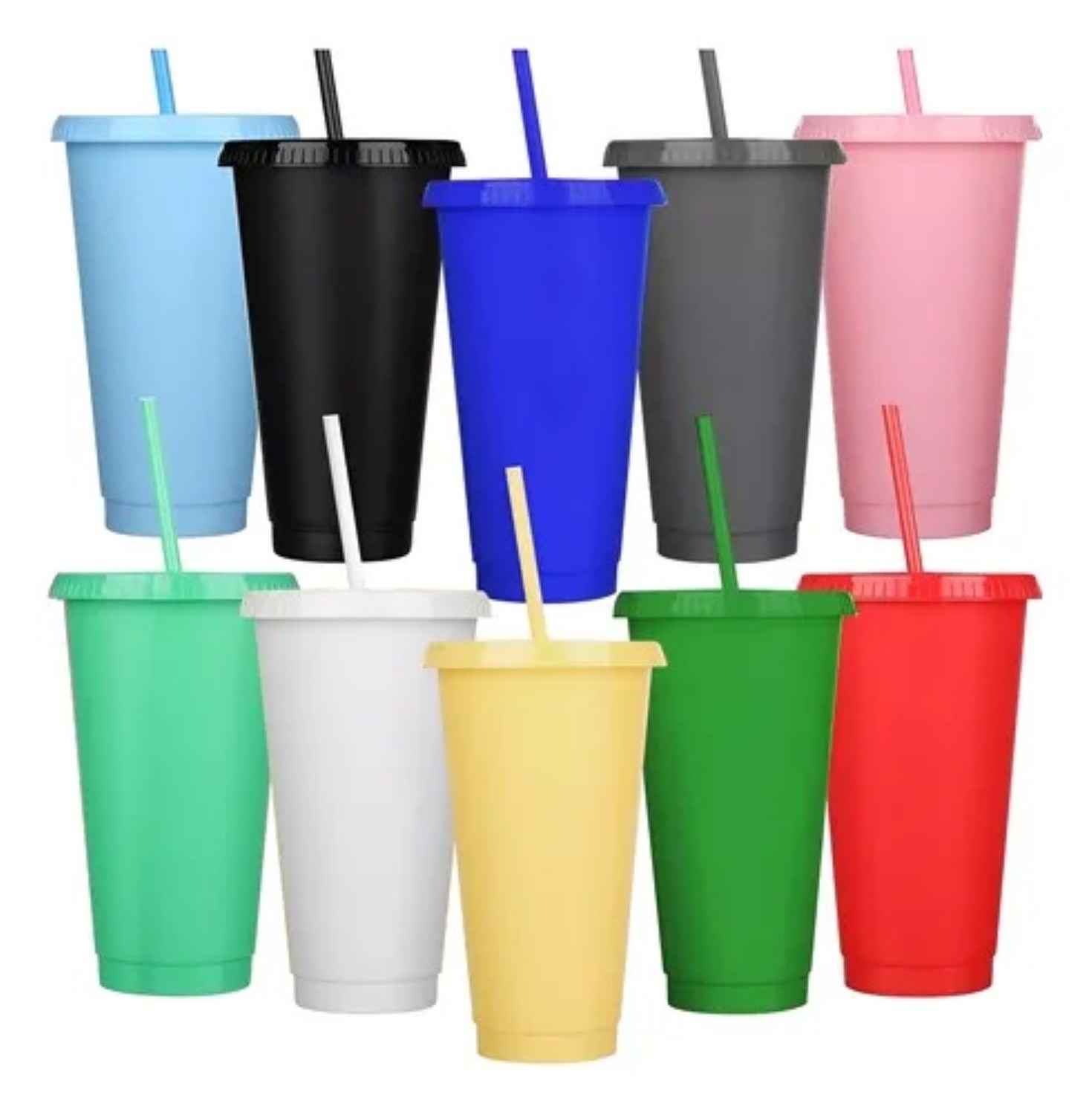 Vasos Reutilizables De 24 Oz Con Tapa Y Popote, 10 Piezas colores image number null