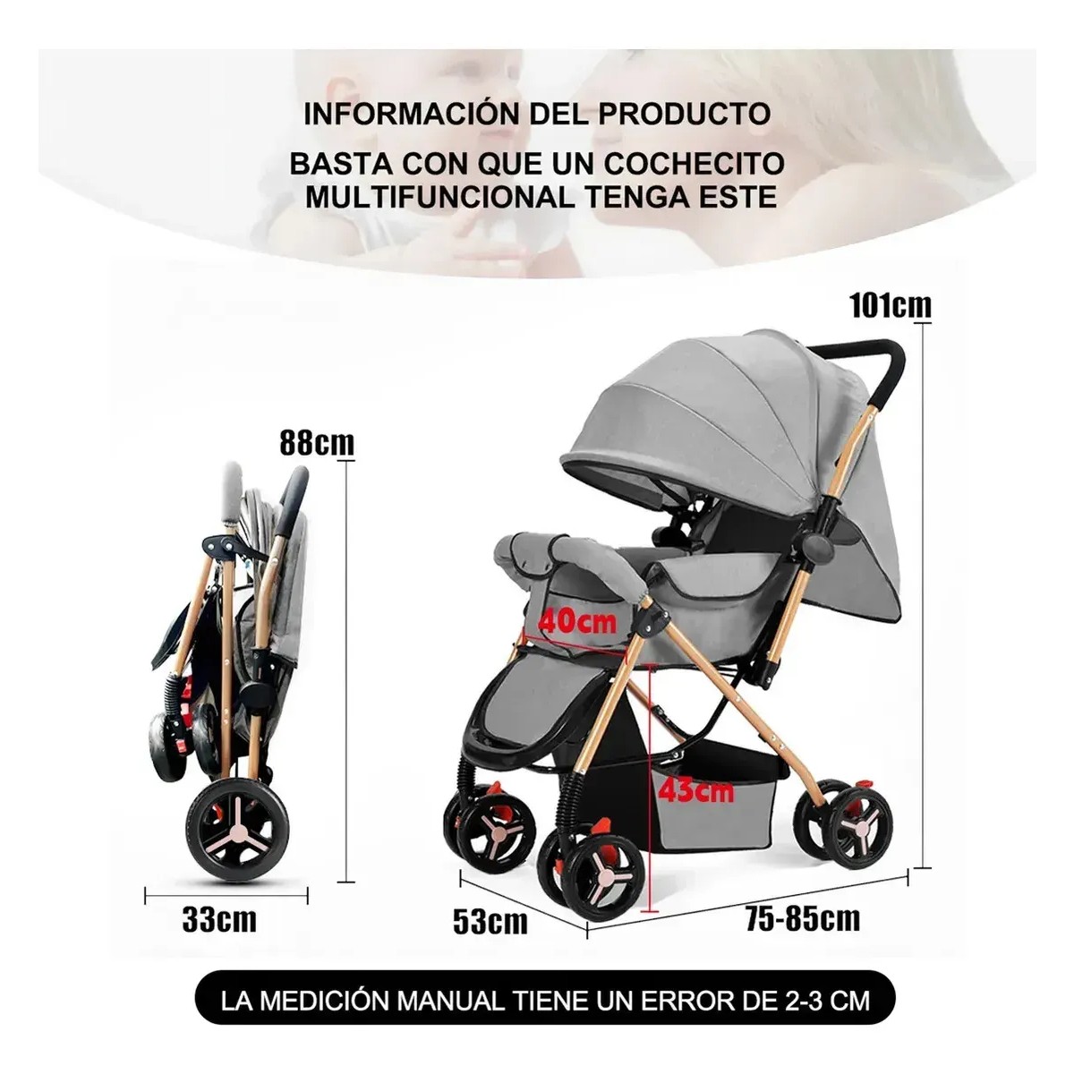 Carriola Ligera 3 En 1 Reclinable Tipo Cuna Gris image number null