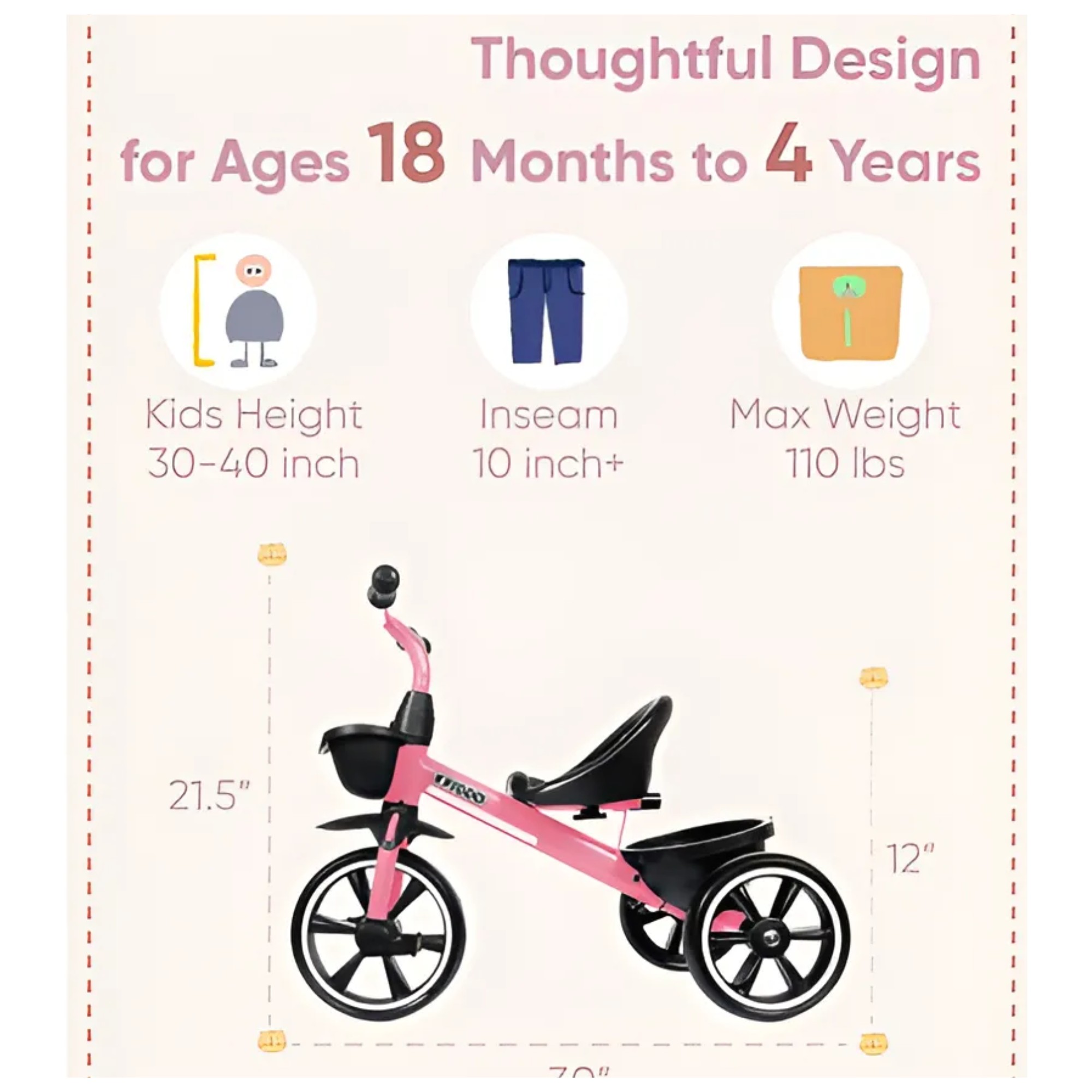 Kriddo Kids Triciclo De 18 Meses A 4 A&ntilde;os, Toddler Kids Tri Triciclo 'Pink Cruiser': &iexcl;A Rodar!" de Alta Calidad y Dise&ntilde;o image number null