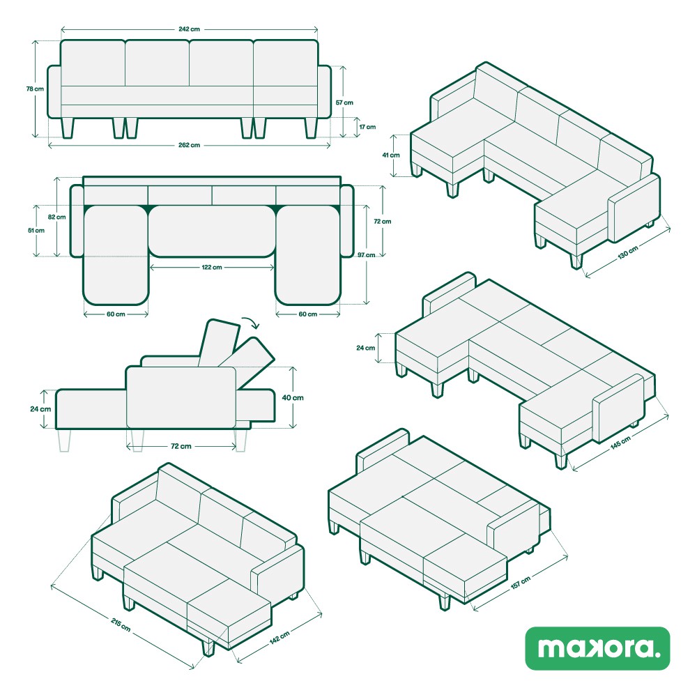 Sala Modular Doble Chaise Makora Travis con Memory Foam, Color Chocolate Lino, Respaldo Reclinable de 3 Posiciones image number null