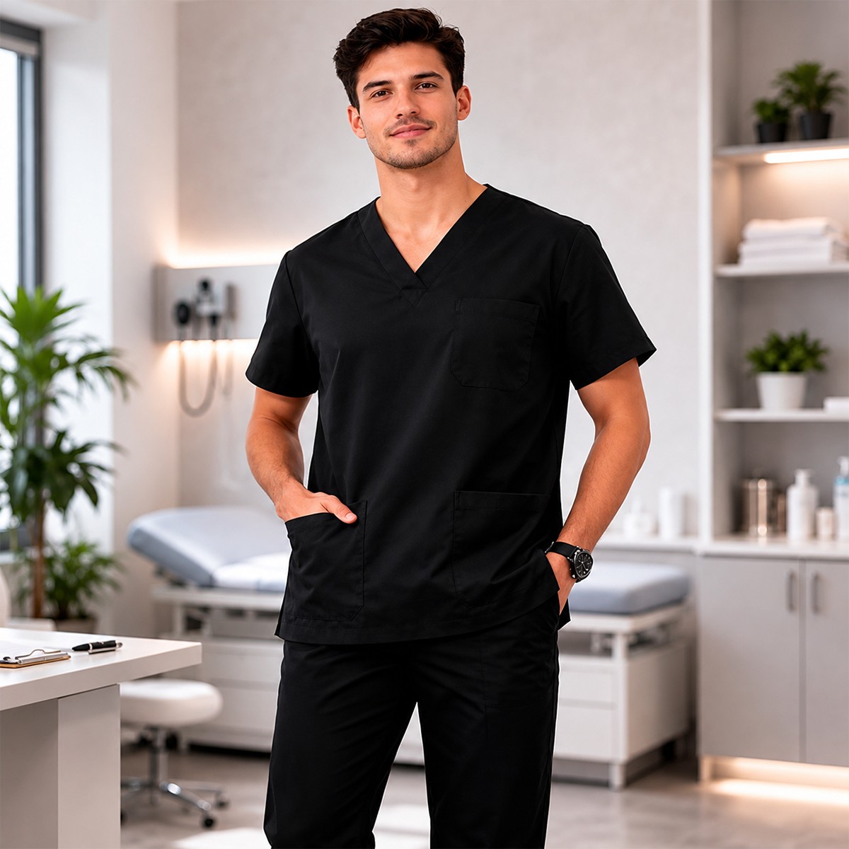 Pijama Quir&uacute;rgica Hombre, Corte Recto Stretch, Negro, Bluelander image number null