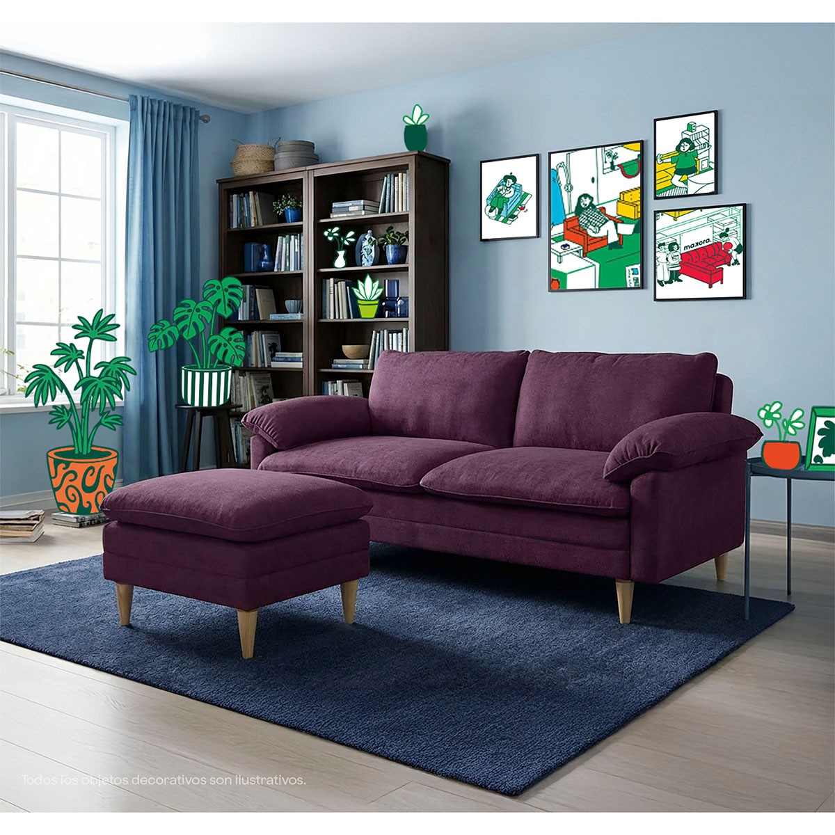 Sof&aacute; Cama Reclinable 3 Posiciones Makora Remmy Morado con Memory Foam y Taburete image number null