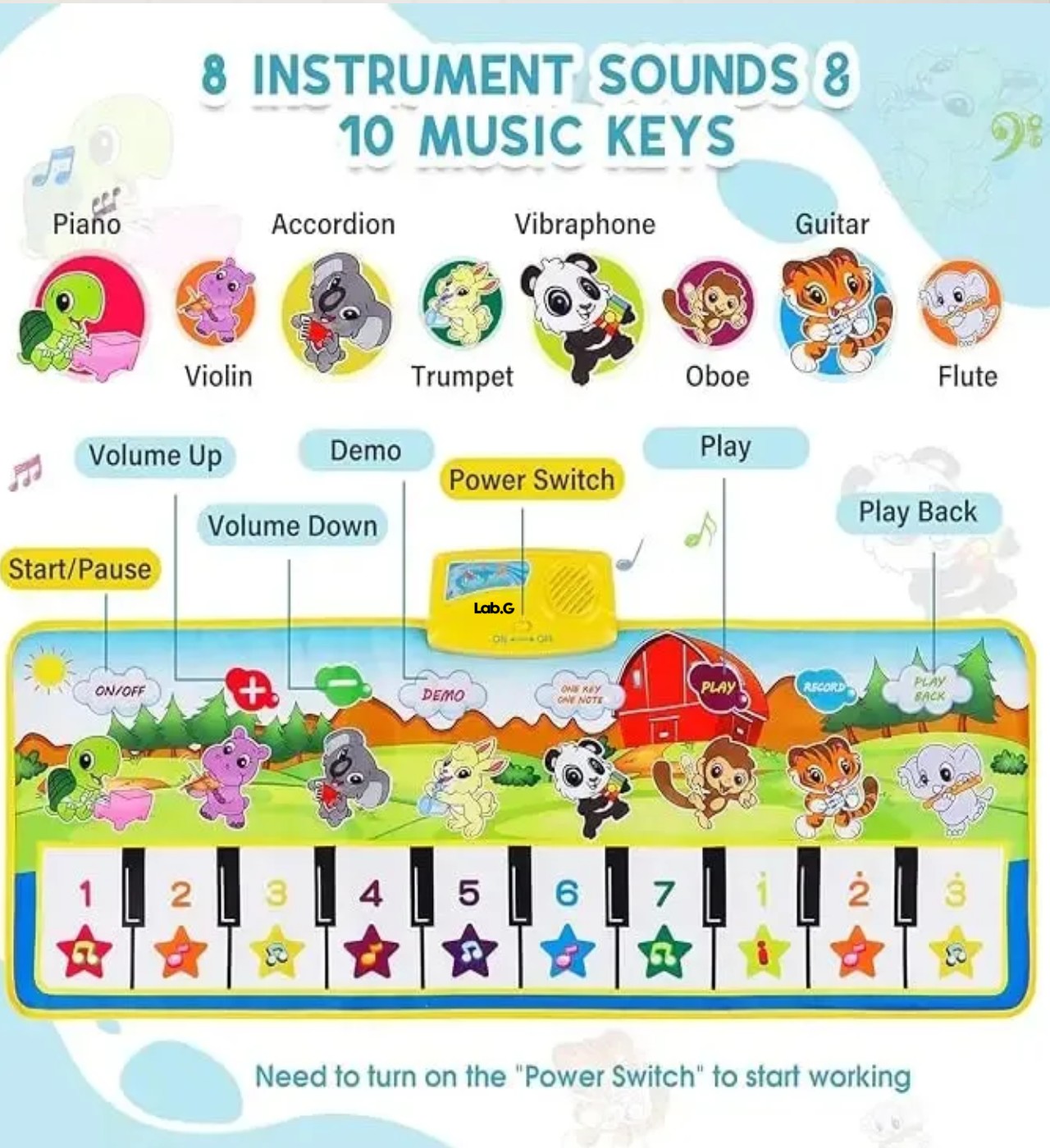 Tapete Piano Musical Para Beb&eacute; Alfombra Teclados Infantil Verde Lima image number null