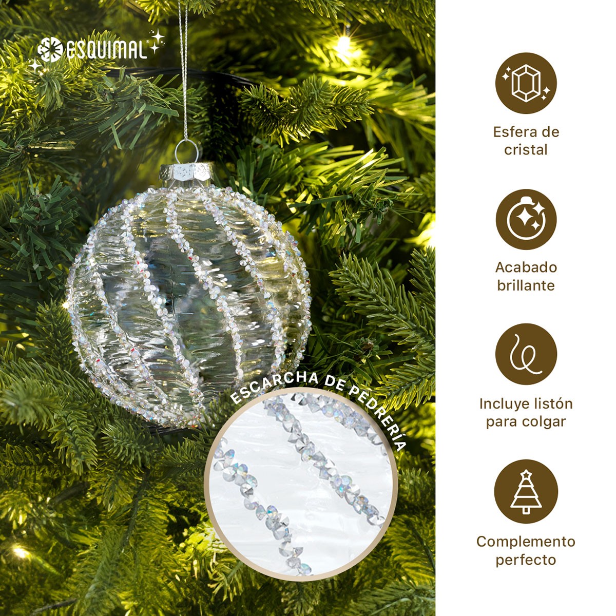 Set de Esferas y Adornos Navide&ntilde;os para &Aacute;rbol de Navidad, Decoraci&oacute;n Navide&ntilde;a (Cristal / Plateado 25 Piezas). ESQUIMAL. image number null