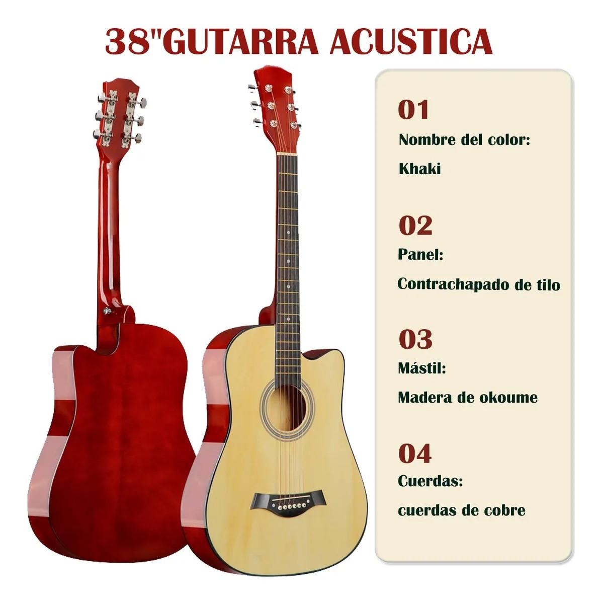 Guitarra Ac&uacute;stica Clasica 38 Inch Con Paquete De Accesorios Color Caqui Material Del Diapas&oacute;n image number null