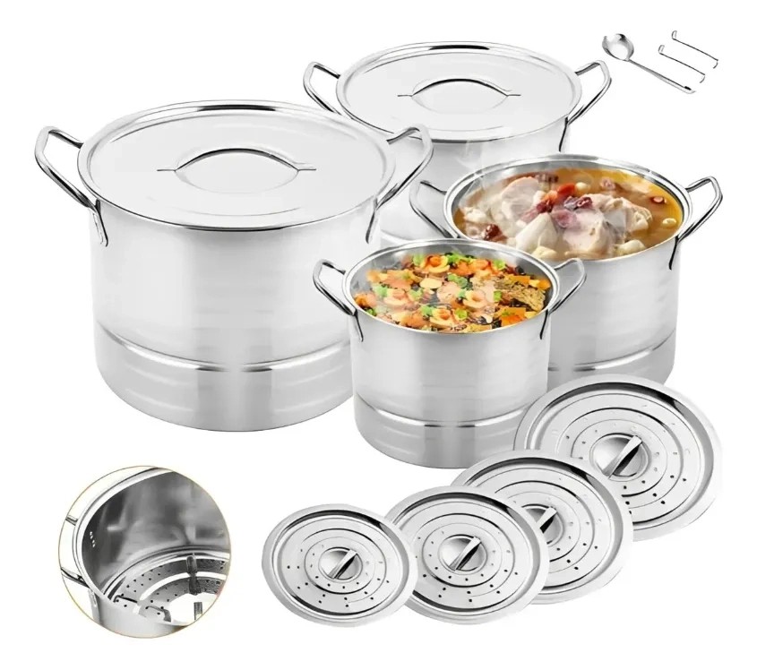 OFERTA Juego De Vaporera 15pzs Ollas De Acero Inoxi Inducci&oacute;n 25l Plateado image number null