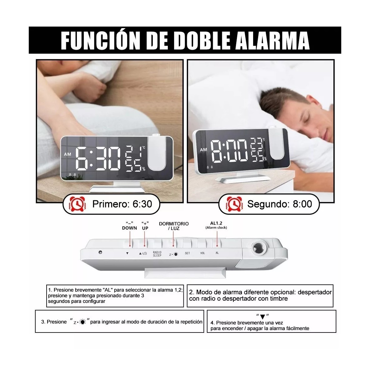 Reloj Despertador Led Con Radio y Proyector, Pantalla Grande image number null