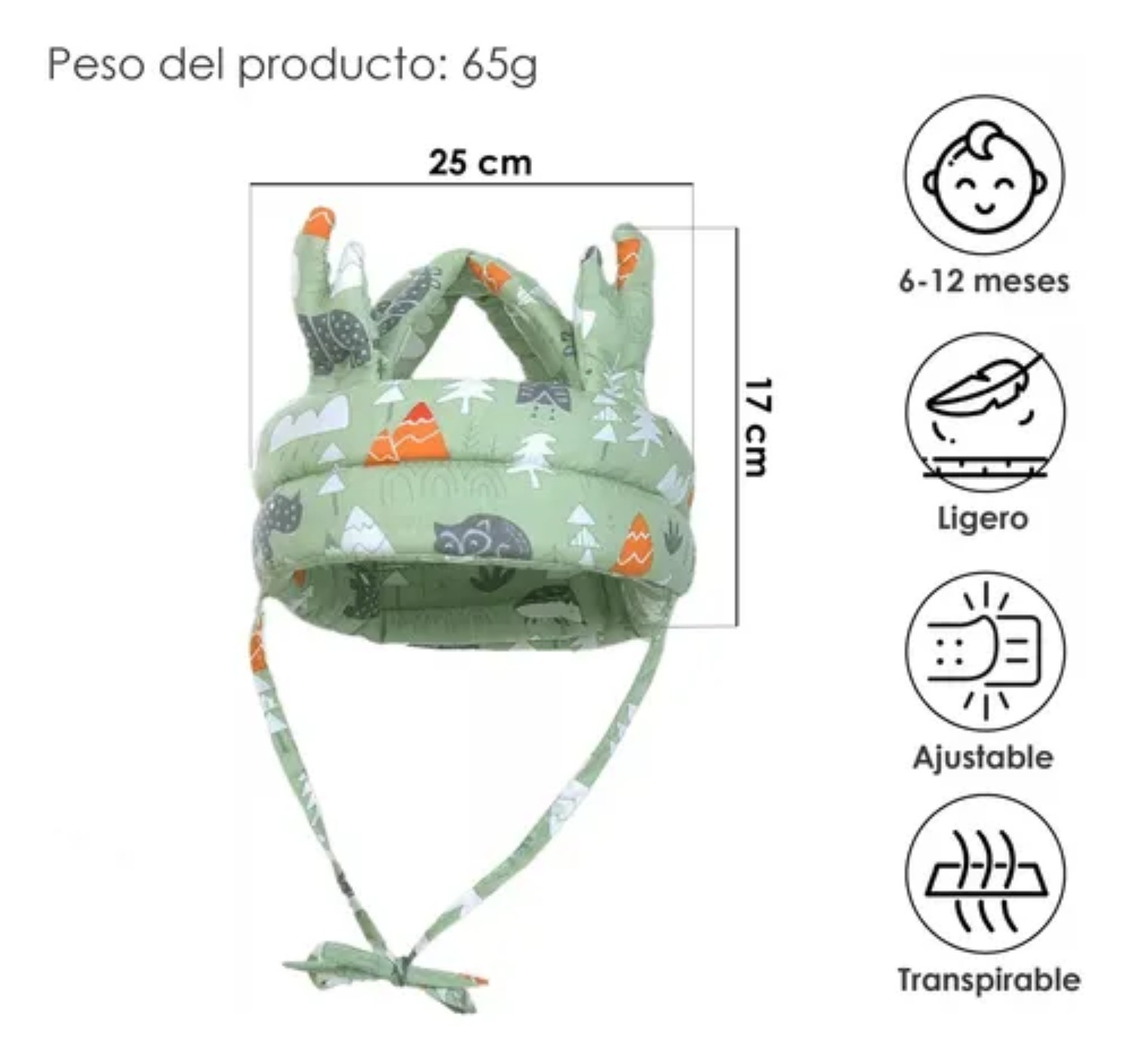Gorro Protecci&oacute;n Ca&iacute;das Cascos Bebes Verde claro image number null