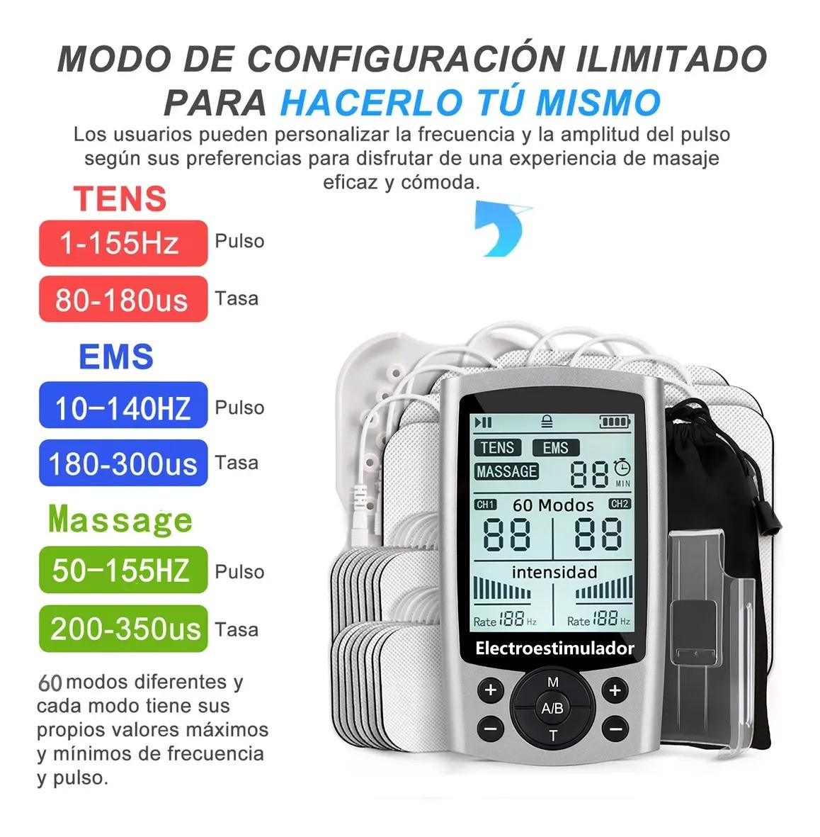 Electro Estimulador 60 Modos Masaje Recargable Silver colorGRIS BLANCO image number null