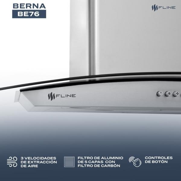 Campana extractora de cocina 76 cm de pared vidrio curvo Acero Inoxidable | 3 velocidades y control de boton| Berna 76| FLINE image number null