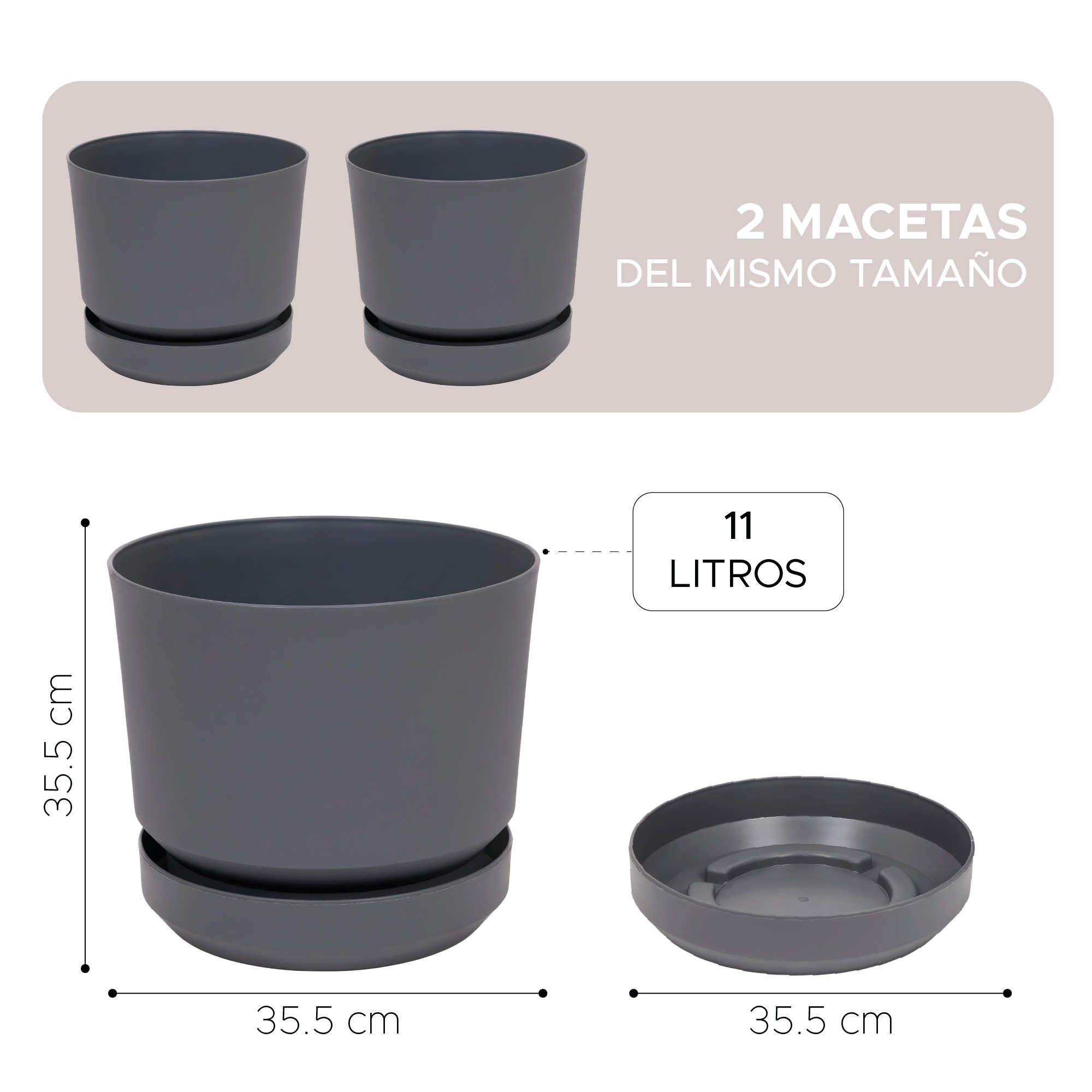 Maceta Elly Decor Set De 2 Para Interior y Exterior Con Plato y Drenaje 12 Pulgadas Gris image number null
