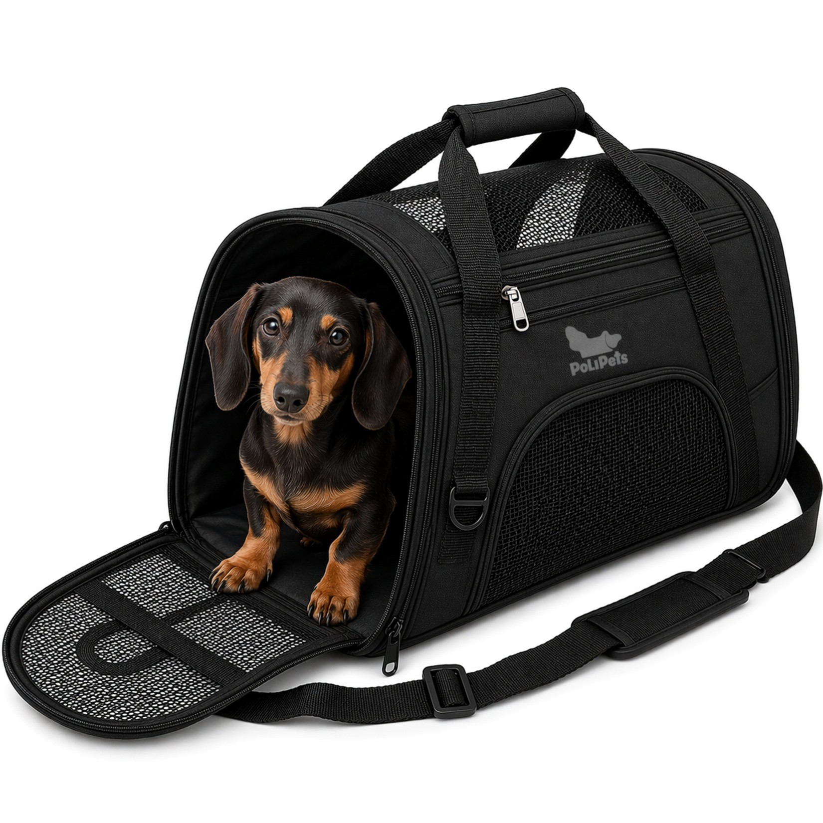 Transportadora para Mascotas Poli Pets Negra Mediana, Soporta 7 kg, con Ventanas de Malla, Correa Ajustable y Almohadill image number null
