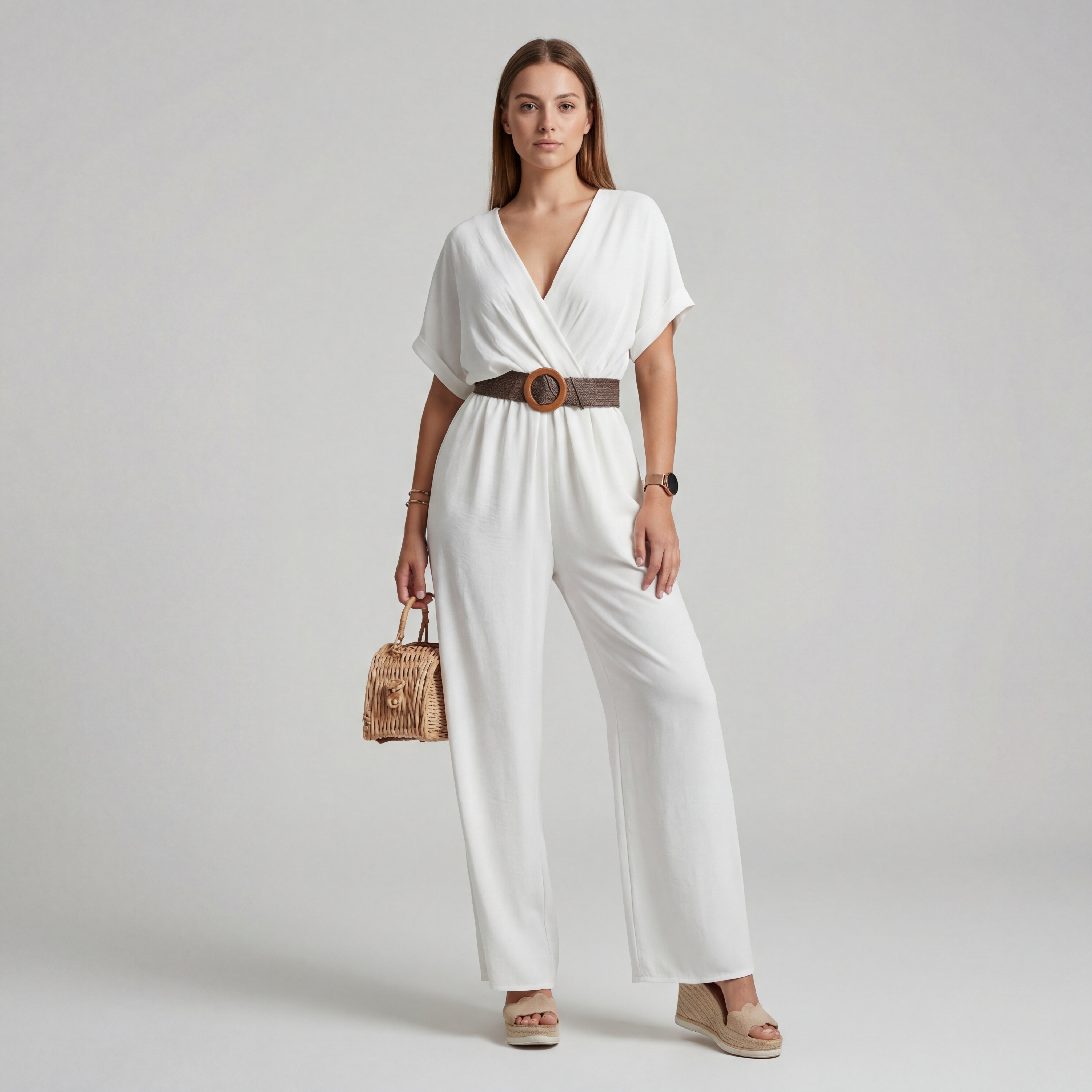 Jumpsuit Xally 2318 escote cruzado V manga murci&eacute;lago cintur&oacute;n en cintura pierna ancha looks casuales o de salida image number null