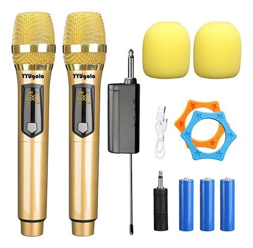 Universal Micr&oacute;fono Inal&aacute;mbrico Profesional Karaoke Kit 2pcs dorado. image number null