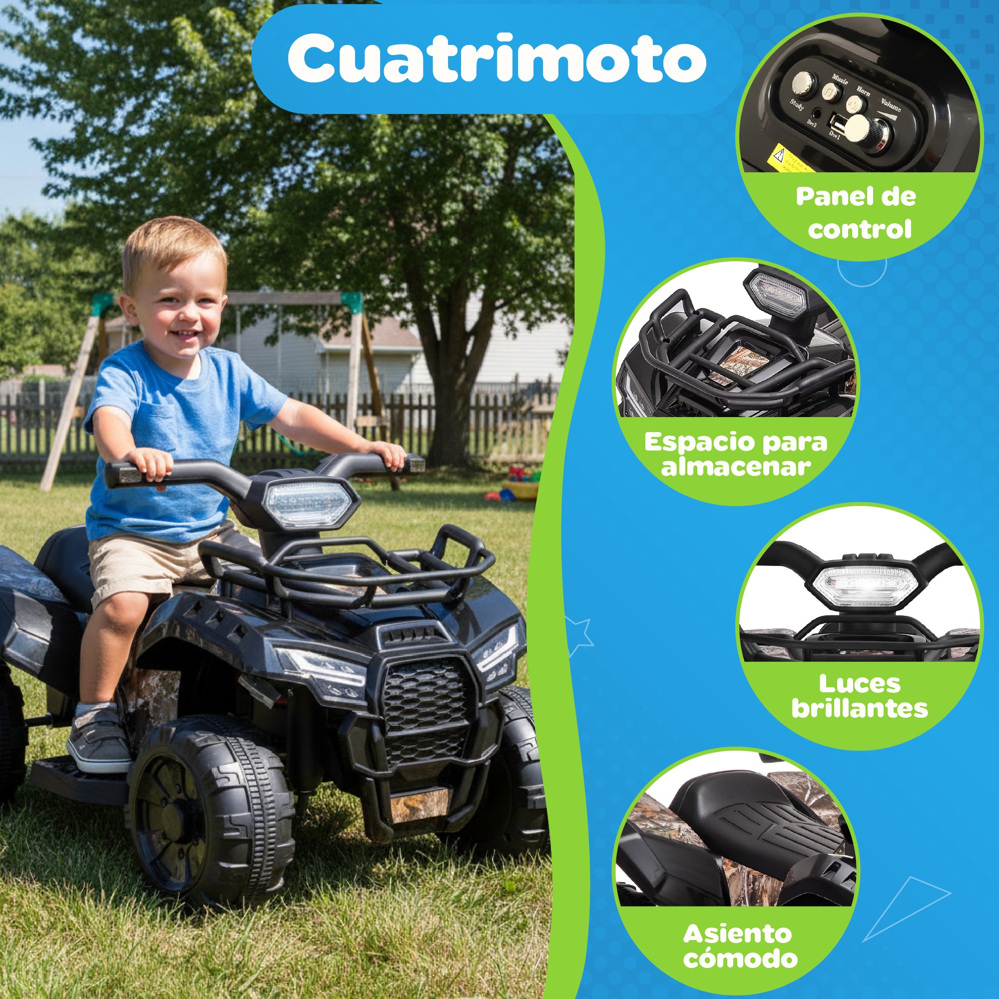 Cuatrimoto El&eacute;ctrica Montable Infantil YEI 6V, 2 km/h, Luces LED, M&uacute;sica, Ruedas Todo Terreno Negra image number null
