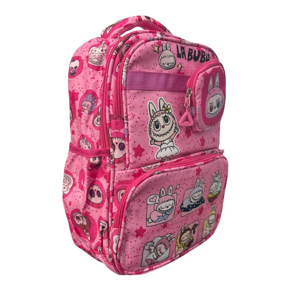 Mochila escolar color rosa de Labubu, mide 39 cm de alto por 30 de ancho. image number null