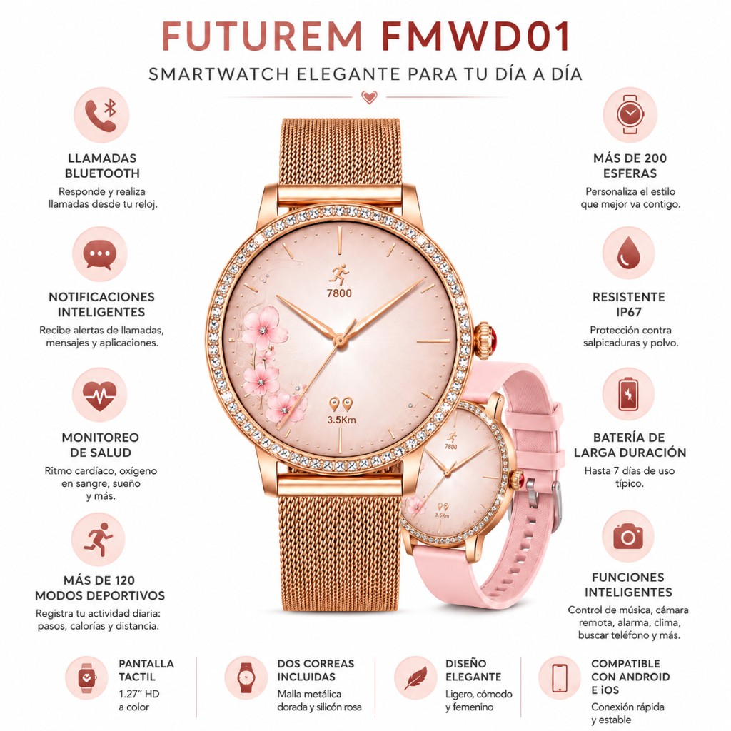 SMARTWATCH FUTUREM DW01 (DORADO) + AUDIFONOS G-TIDE L42 (ROSA) image number null