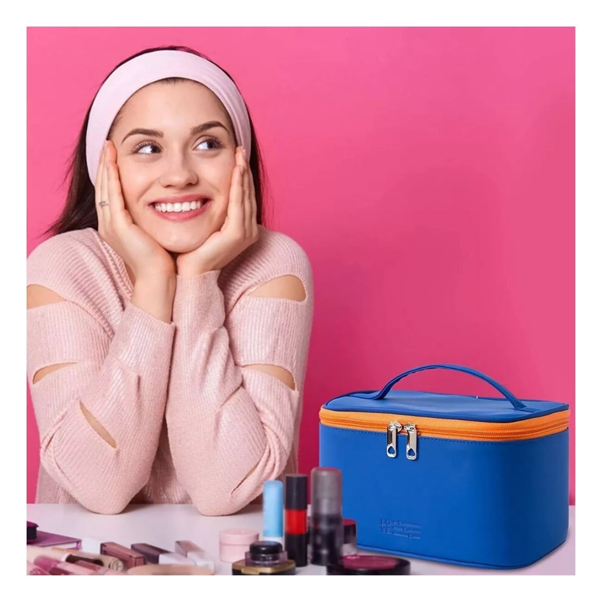 Bolsa De Maquillaje Cosm&eacute;ticos Viaje Organizador Impermeable Azul image number null